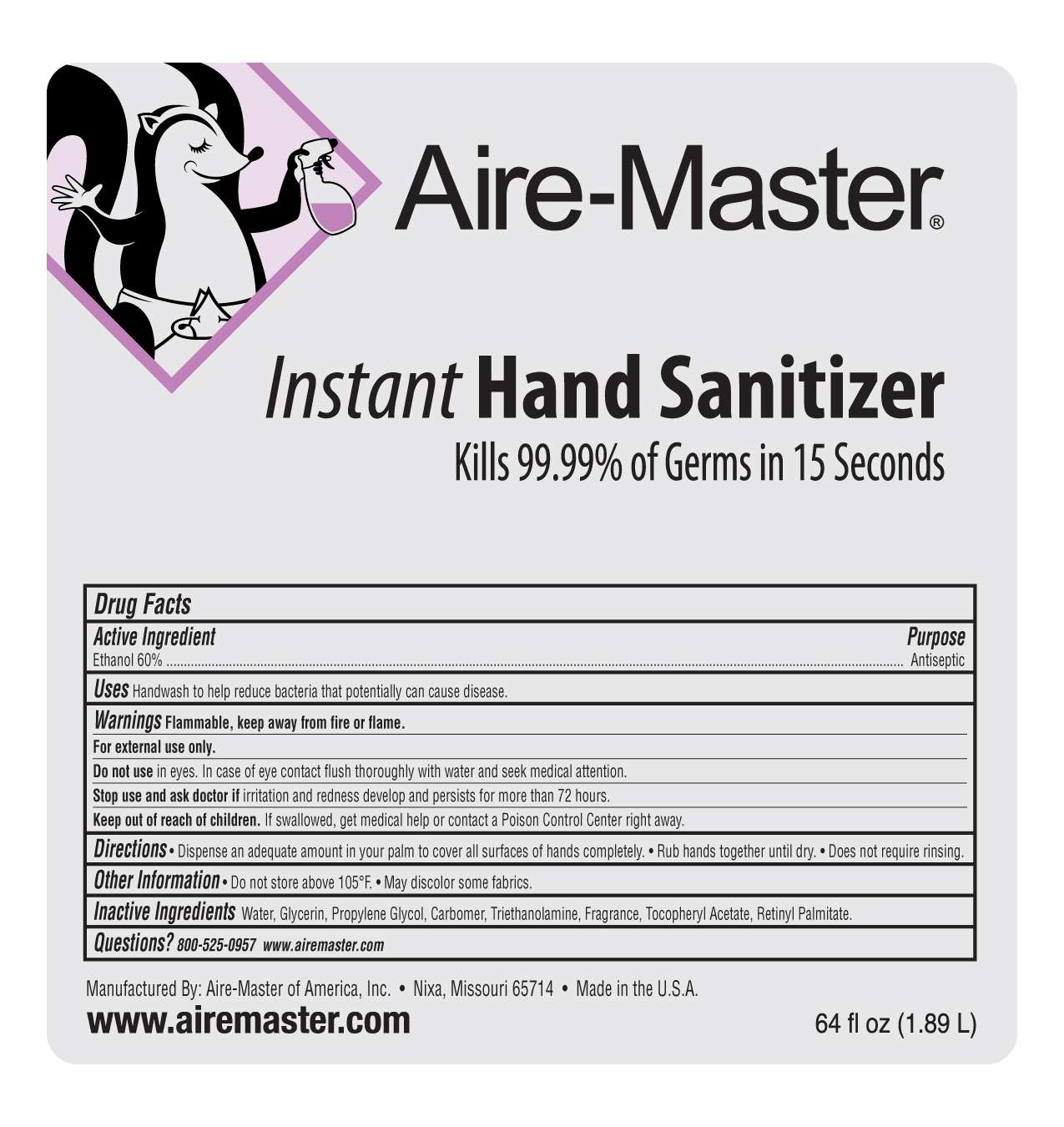Aire-Master Sanitizer Gel vit e/a