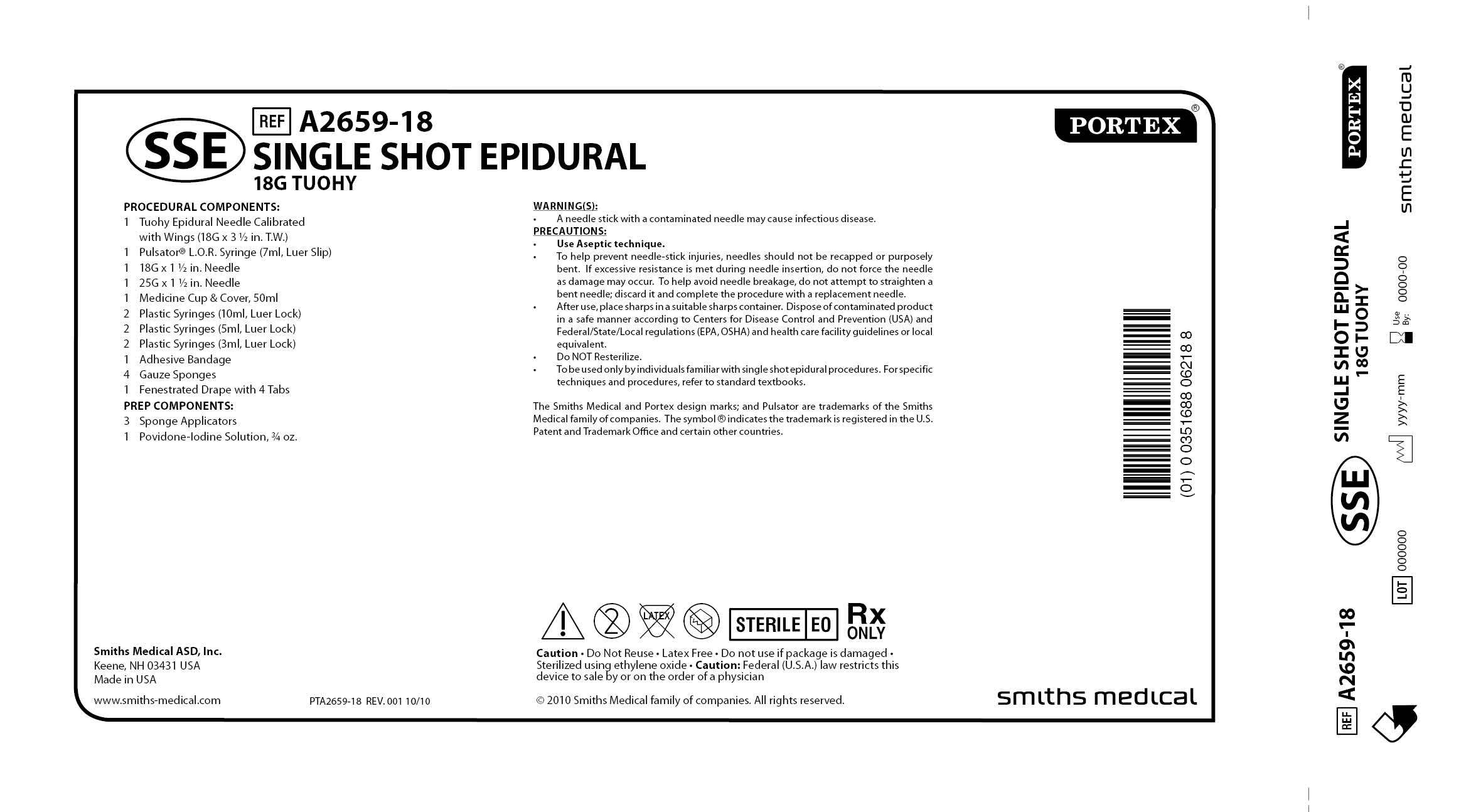 A2659-18 SINGLE SHOT EPIDURAL 18G TUOHY