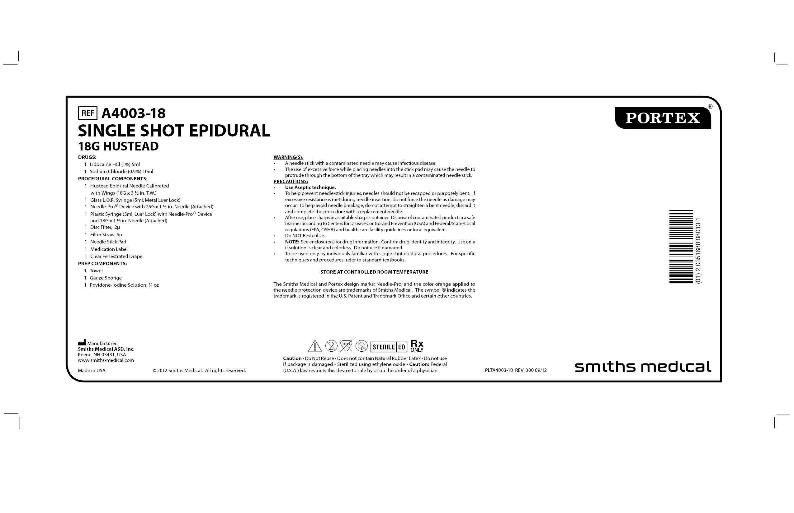 A4003-18 SINGLE SHOT EPIDURAL 18G HUSTEAD