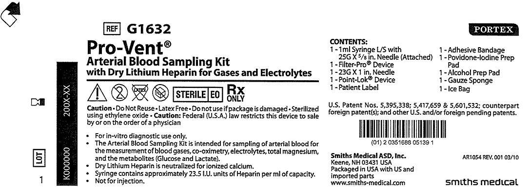 G1632 Pro-Vent Arterial Blood Sampling Kit with Dry Lithum Heparin for Gases and Electrolytes