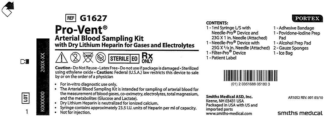 G1627 Pro-Vent Arterial Blood Sampling Kit with Dry Lithum Heparin for Gases and Electrolytes