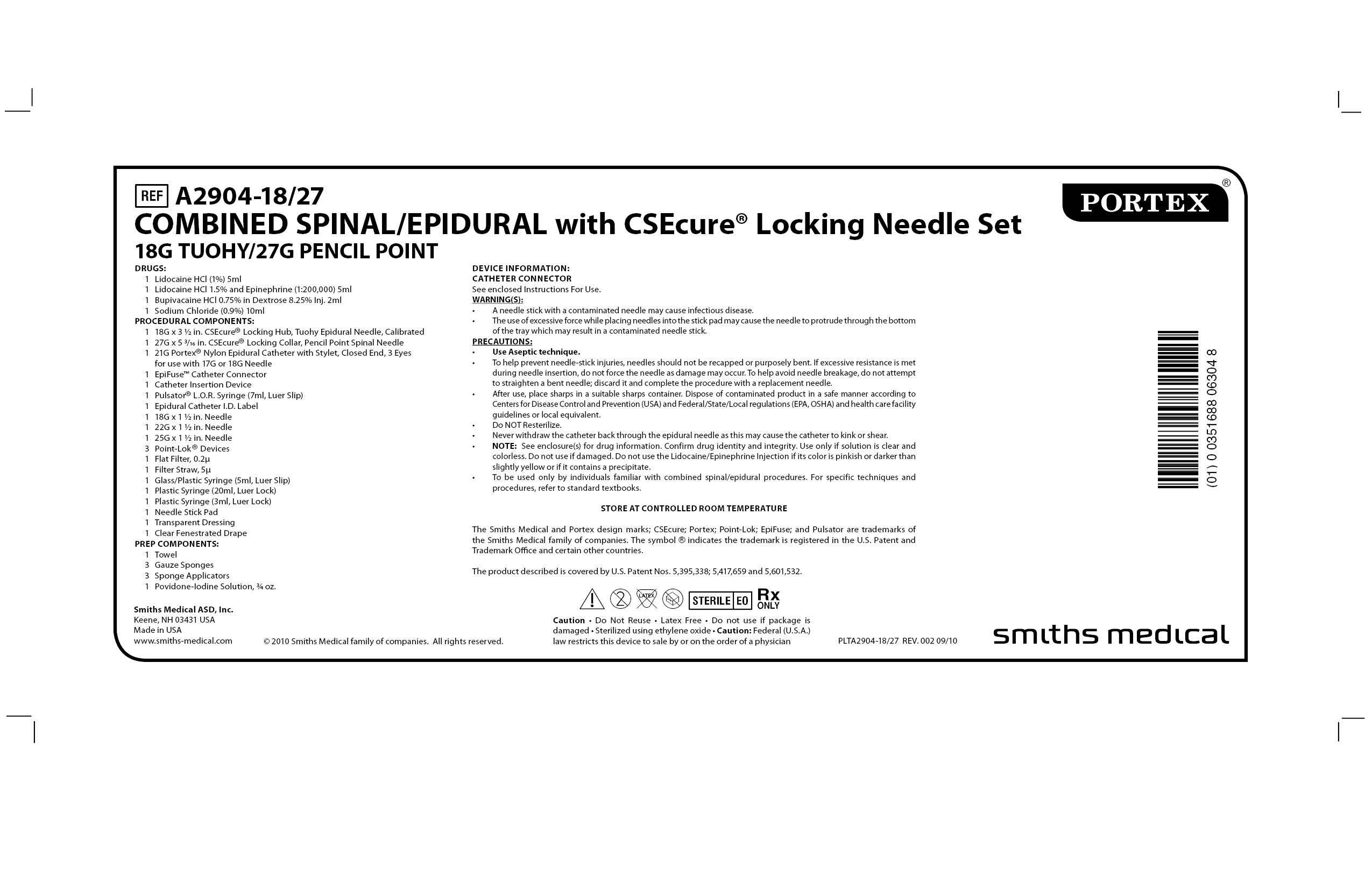 A2904-18/27 COMBINED SPINAL/EPIDURAL with CSEcure Locking Needle Set 18G TUOHY/27G PENCIL POINT