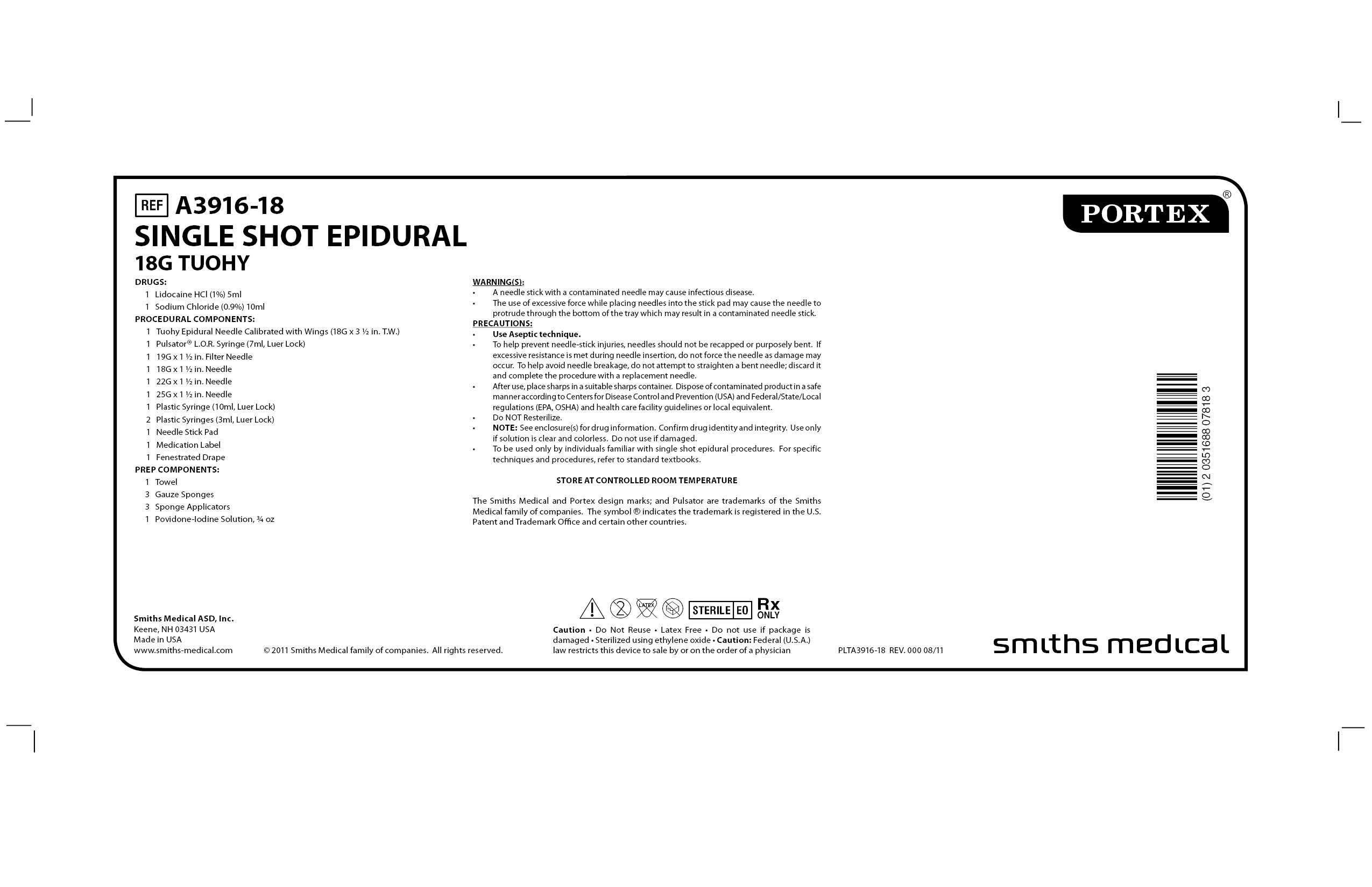 A3916-18 SINGLE SHOT EPIDURAL 18G TUOHY