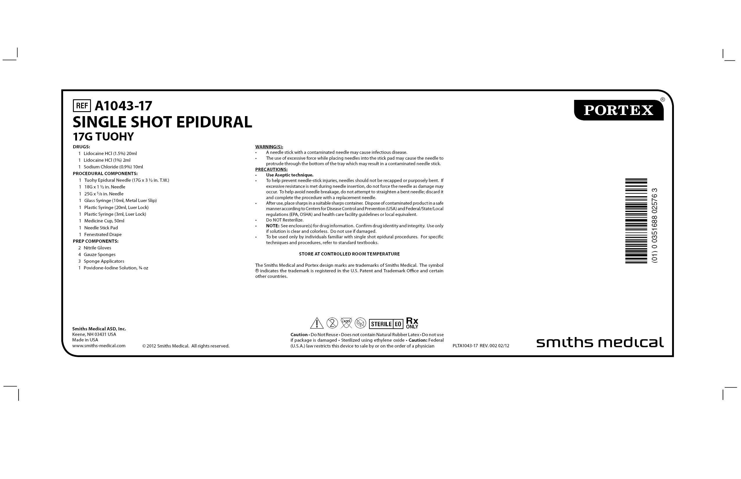 A1043-17 SINGLE SHOT EPIDURAL 17G TUOHY