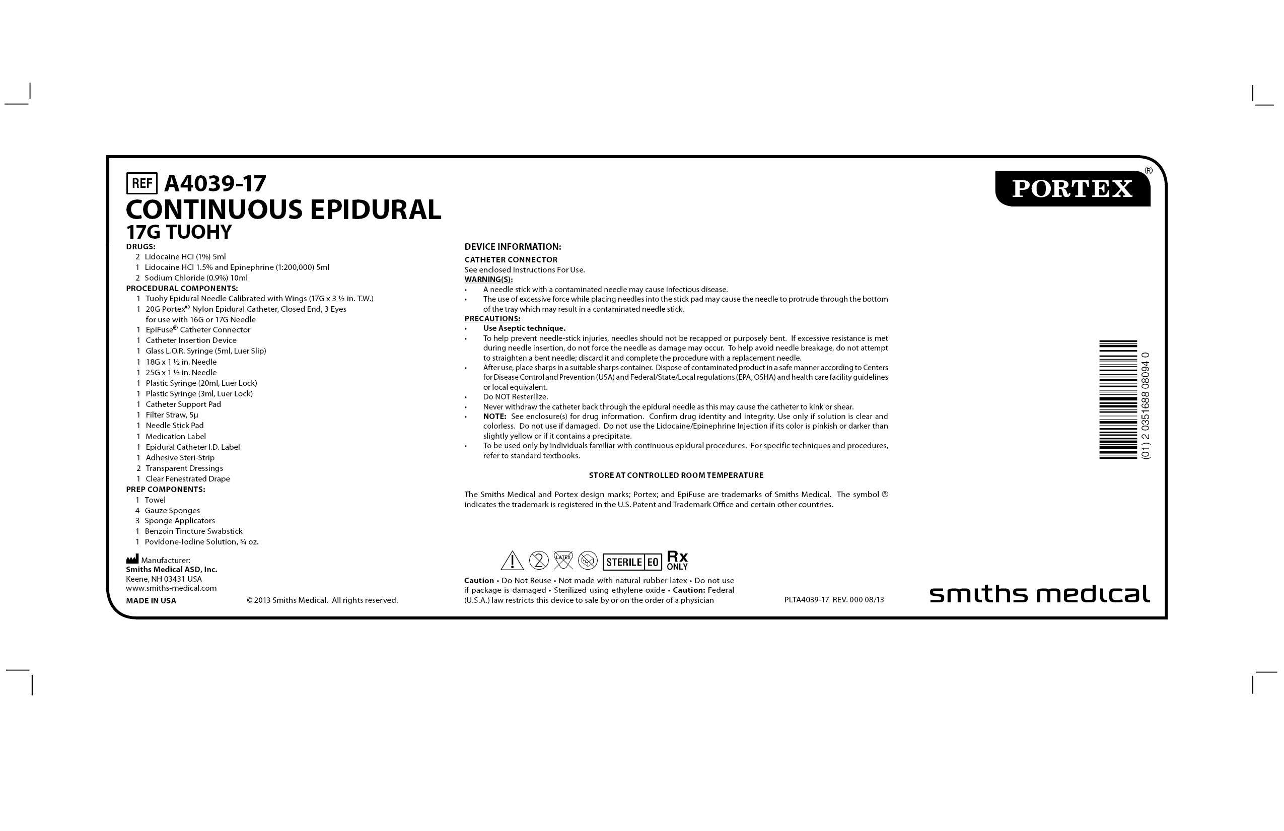 A4039-17 CONTINUOUS EPIDURAL 17G TUOHY