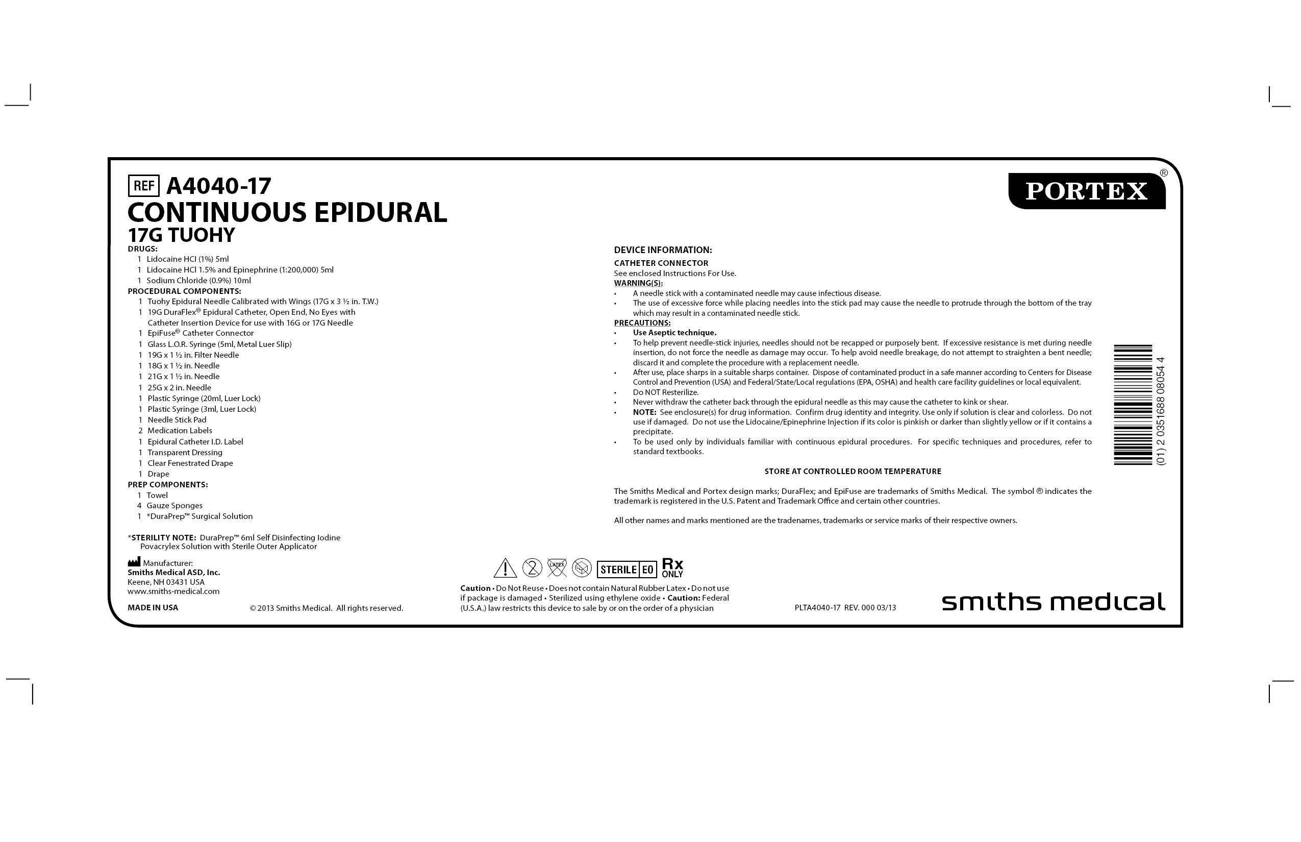 A4040-17 CONTINUOUS EPIDURAL 17G TUOHY