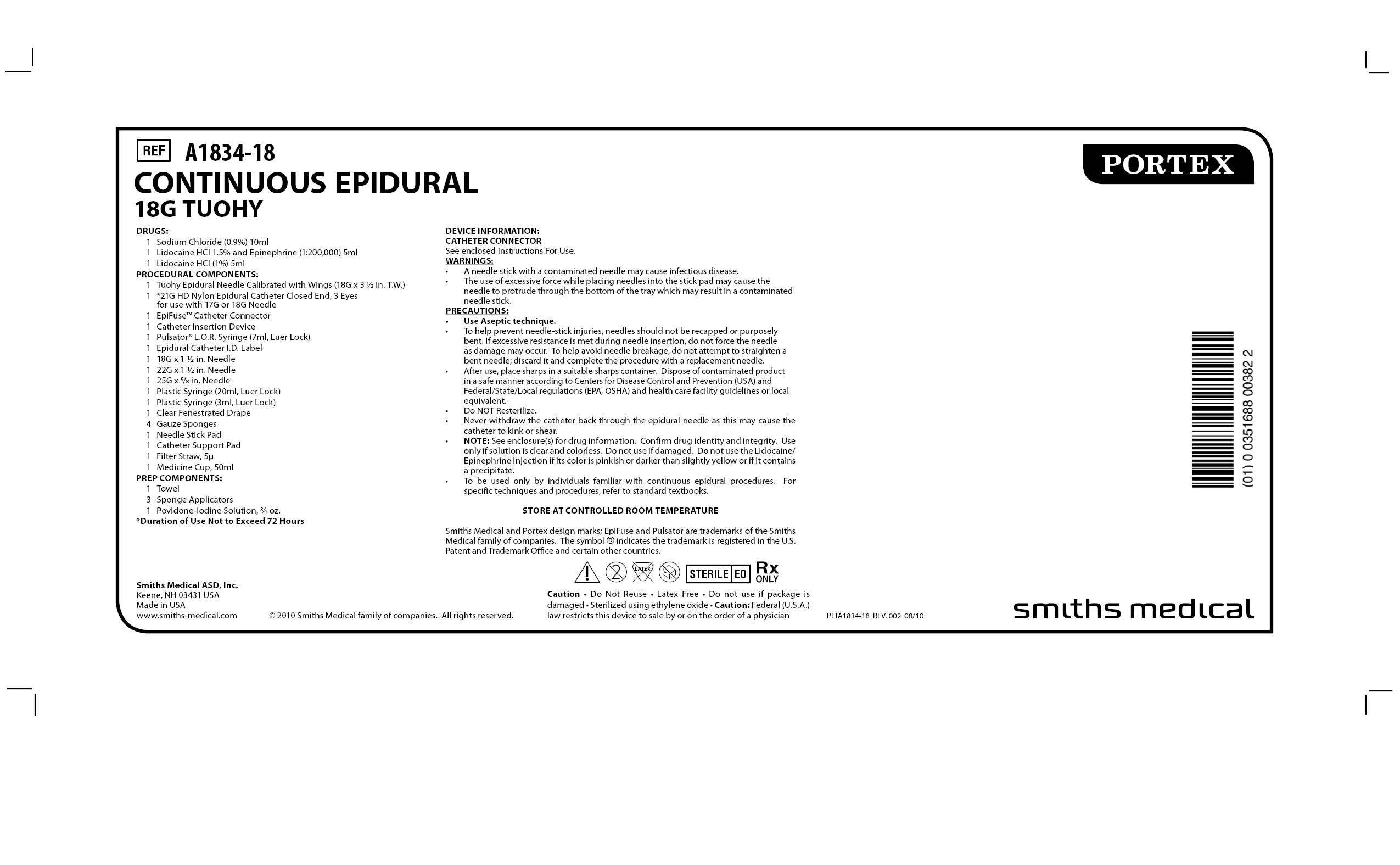 A1834-18 CONTINUOUS EPIDURAL 18G TUOHY