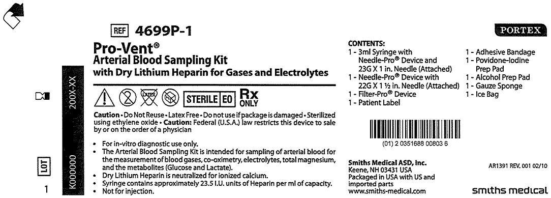 4699P-1 Pro-Vent Arterial Blood Sampling Kit with Dry Lithium Heparin for Gases and Electrolytes