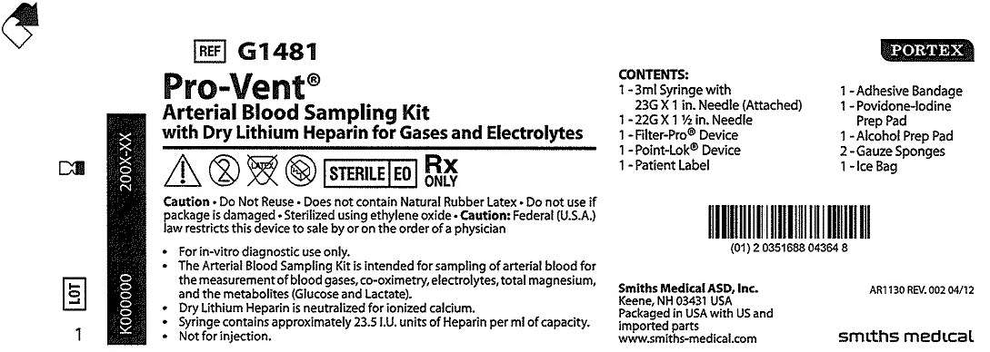 G1481 Pro-Vent Arterial Blood Sampling Kit with Dry Lithum Heparin for Gases and Electrolytes