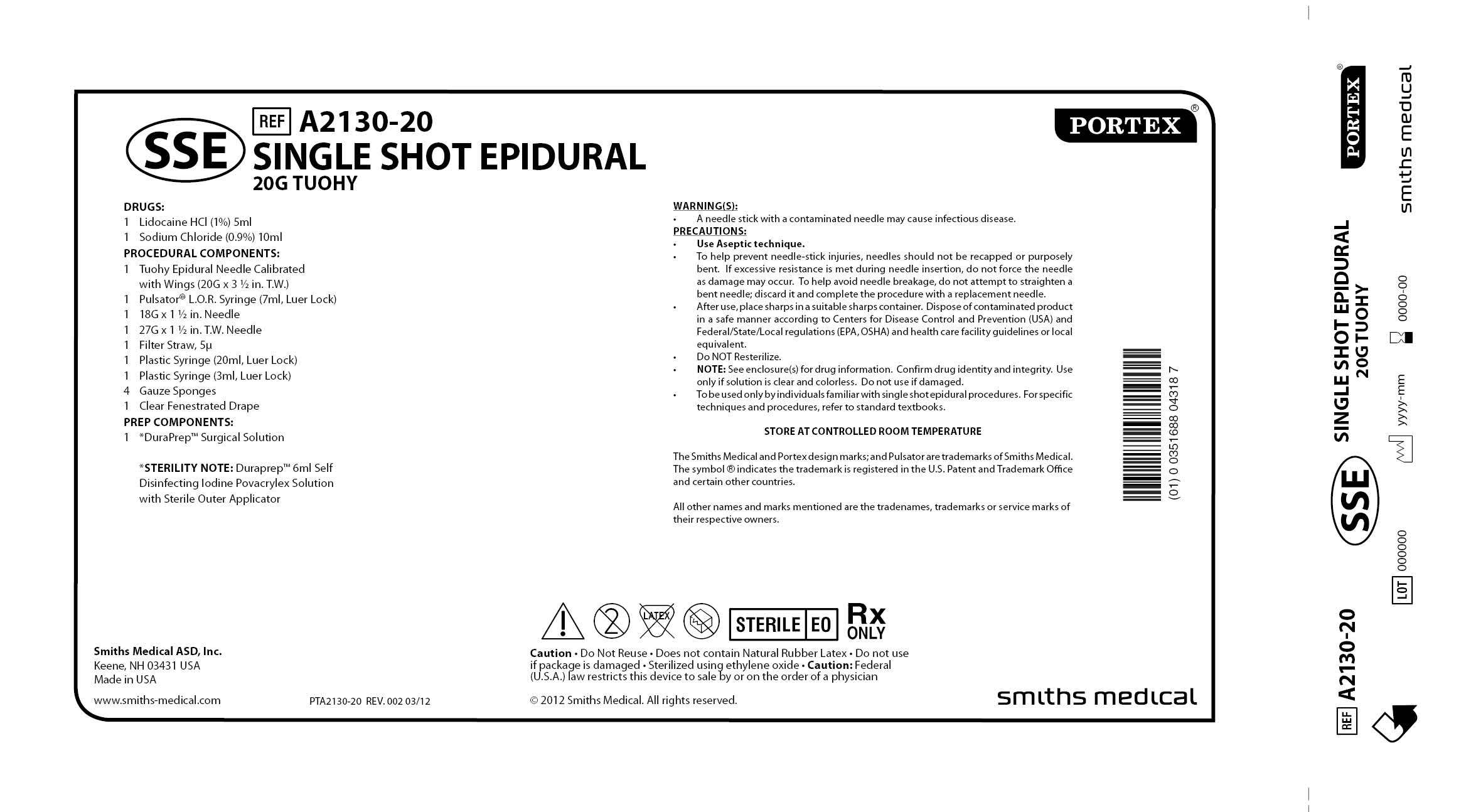 A2130-20 SINGLE SHOT EPIDURAL 20G TUOHY
