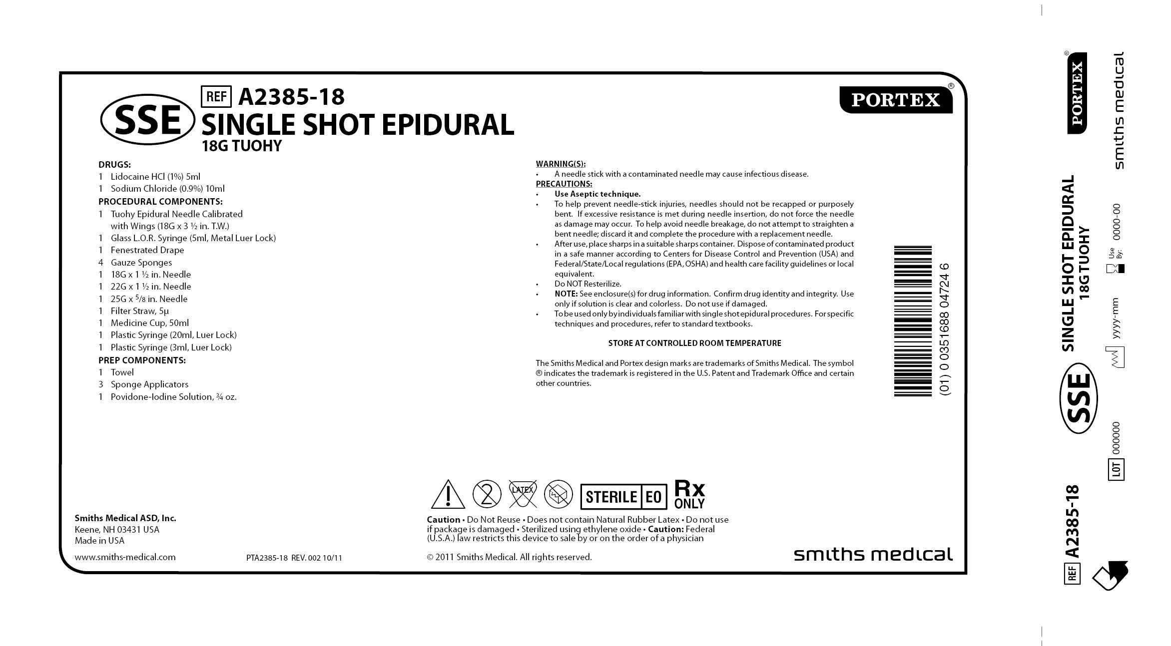 A2385-18 SINGLE SHOT EPIDURAL 18G TUOHY