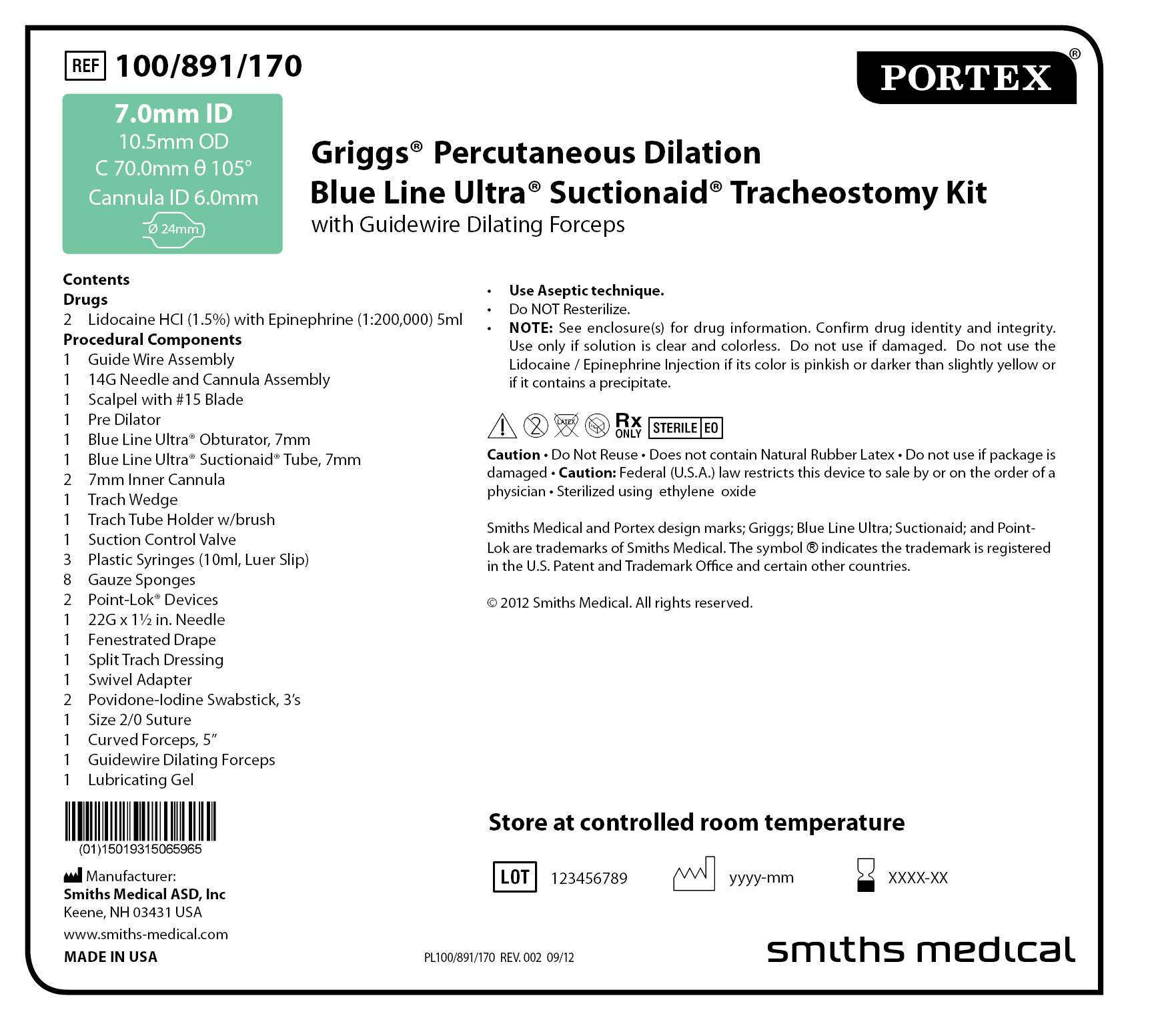 100/891/170 Griggs Percutaneous Dilation Blue Line Ultra Suctionaid Tracheostomy Kit with Guidewire Dilating Forceps