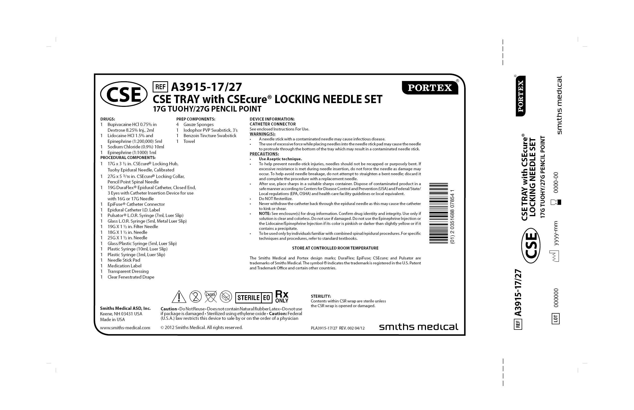 A3915-17/27 CSE TRAY with CSEcure LOCKING NEEDLE SET 17G TUOHY/27G PENCIL POINT