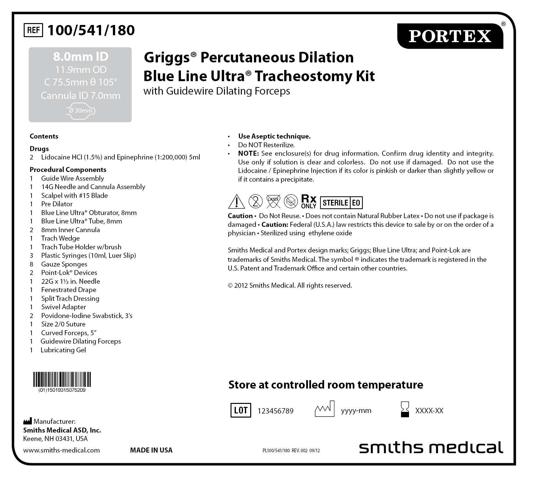 100/541/180 Griggs Percutaneous Dilation Blue Line Ultra Tracheostomy Kit with Guidewire Dilating Forceps