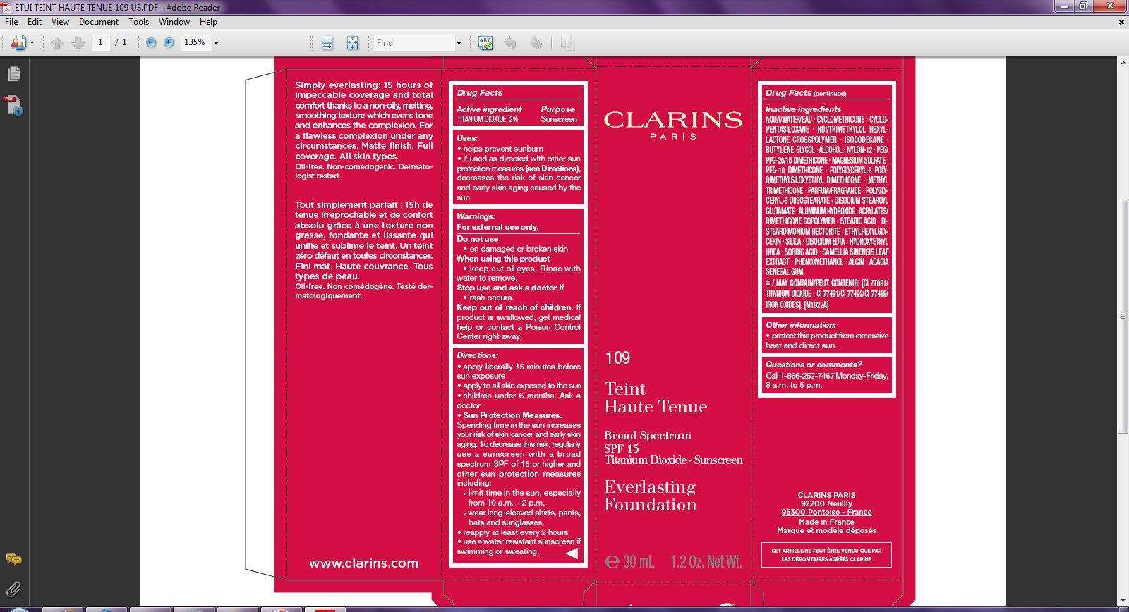 CLARINS Broad Spectrum SPF 15 Everlasting Foundation Tint 109