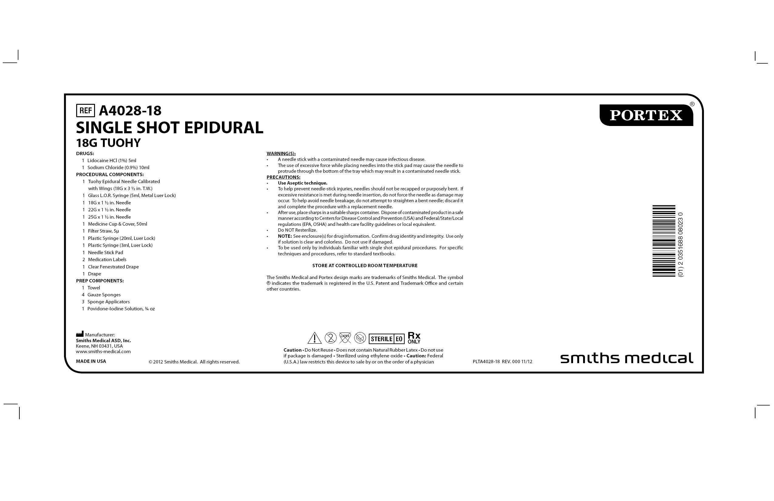 A4028 SINGLE SHOT EPIDURAL 18G TUOHY