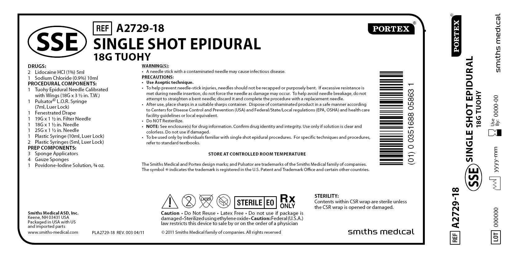 A2729-18 SINGLE SHOT EPIDURAL 18G TUOHY