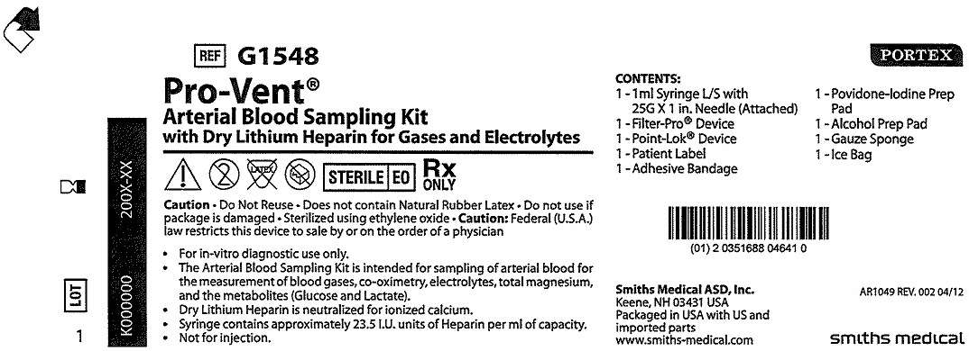 G1548 Pro-Vent Arterial Blood Sampling Kit with Dry Lithium Heparin for Gases and Electrolytes