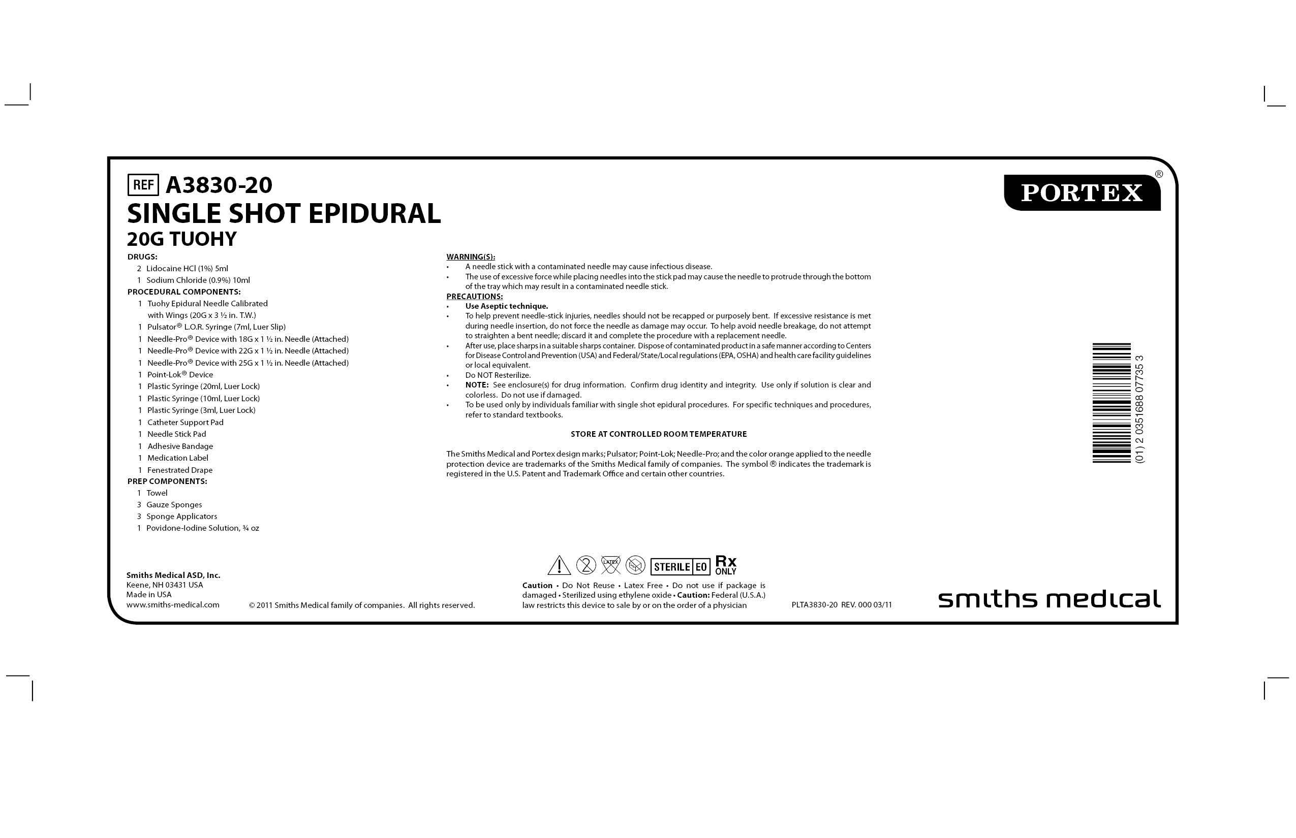 A3830-20 SINGLE SHOT EPIDURAL 20G TUOHY