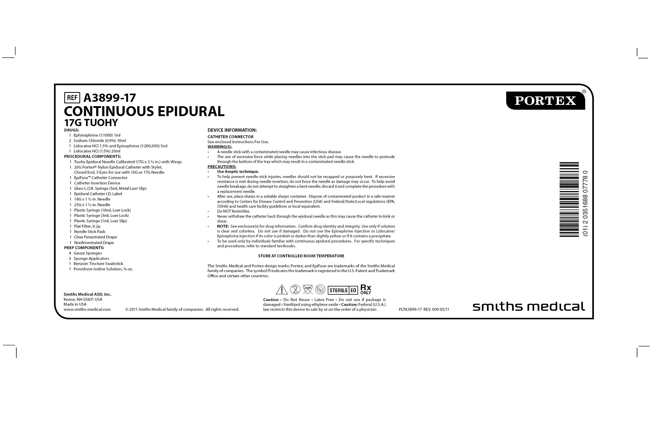 A3899-17 CONTINUOUS EPIDURAL 17G TUOHY