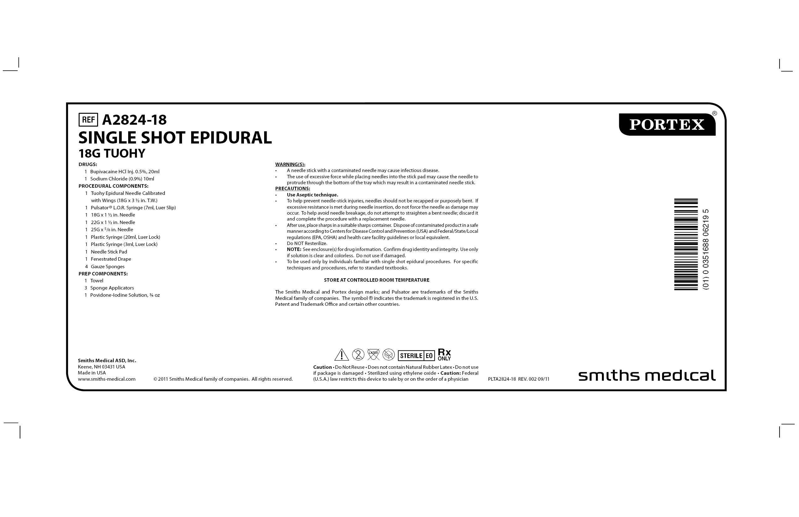 A2824-18 SINGLE SHOT EPIDURAL 18G TUOHY