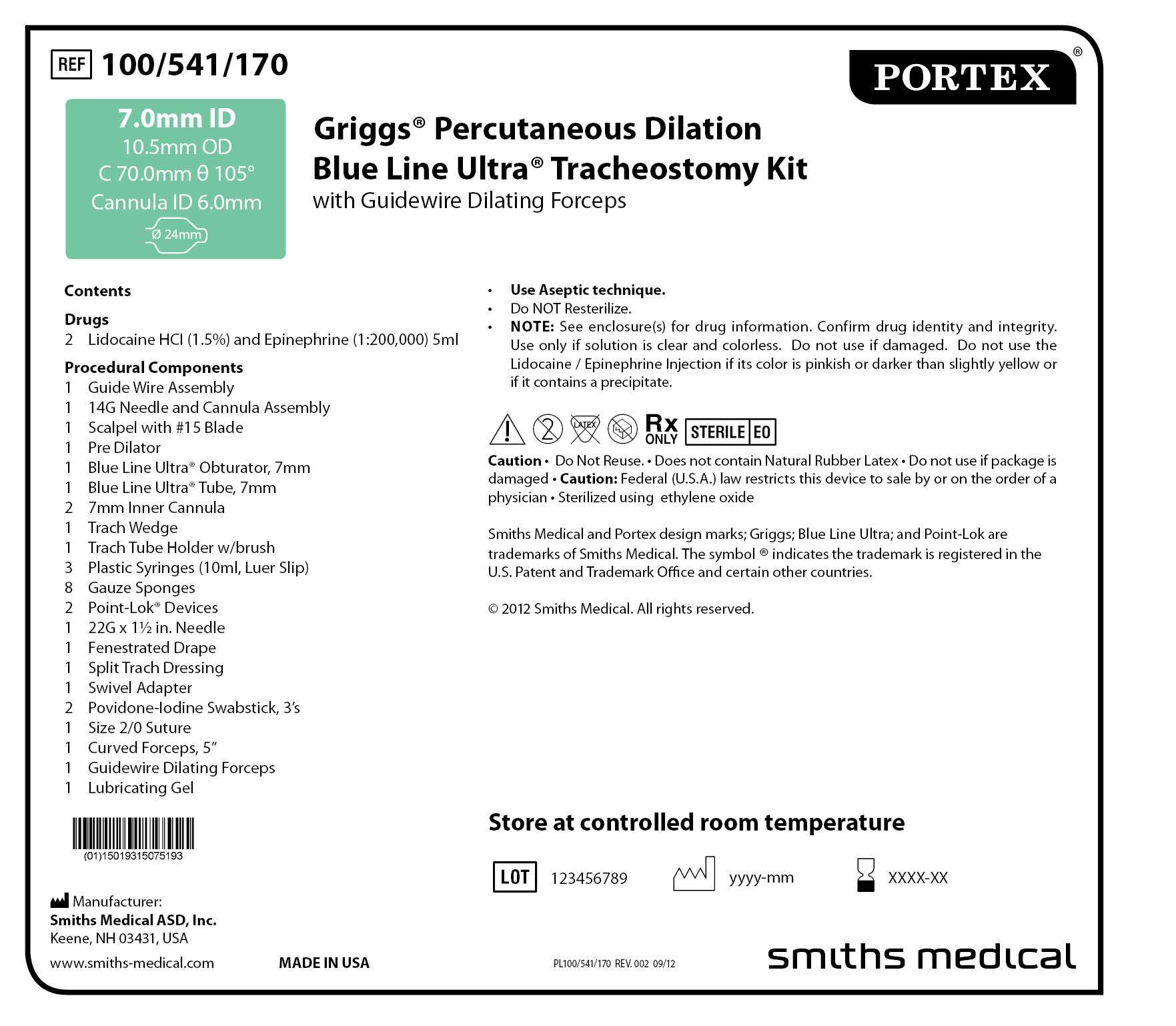 100/541/170 Griggs Percutaneous Dilation Blue Line Ultra Tracheostomy Kit with Guidewire Dilating Forceps