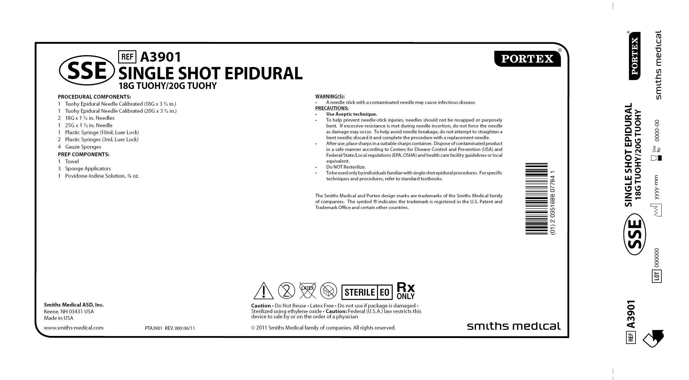 A3901 SINGLE SHOT EPIDURAL 18G TUOHY/20G TUOHY