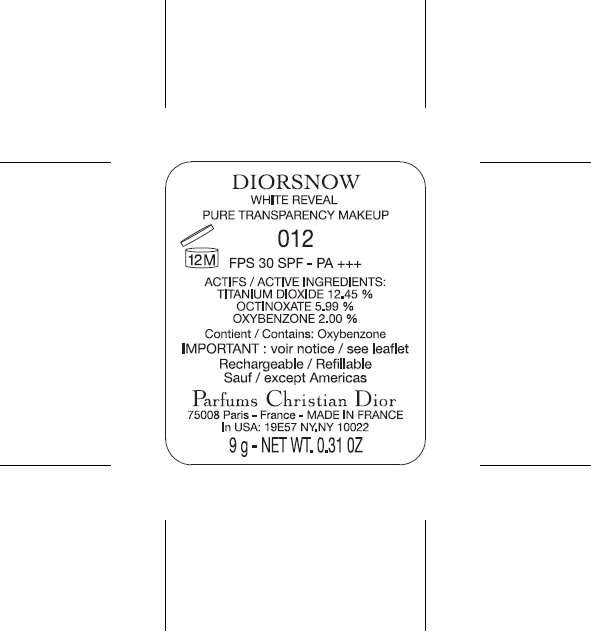 DIORSNOW WHITE REVEAL PURE TRANSPARENCY MAKEUP SPF 30 012 Porcelain