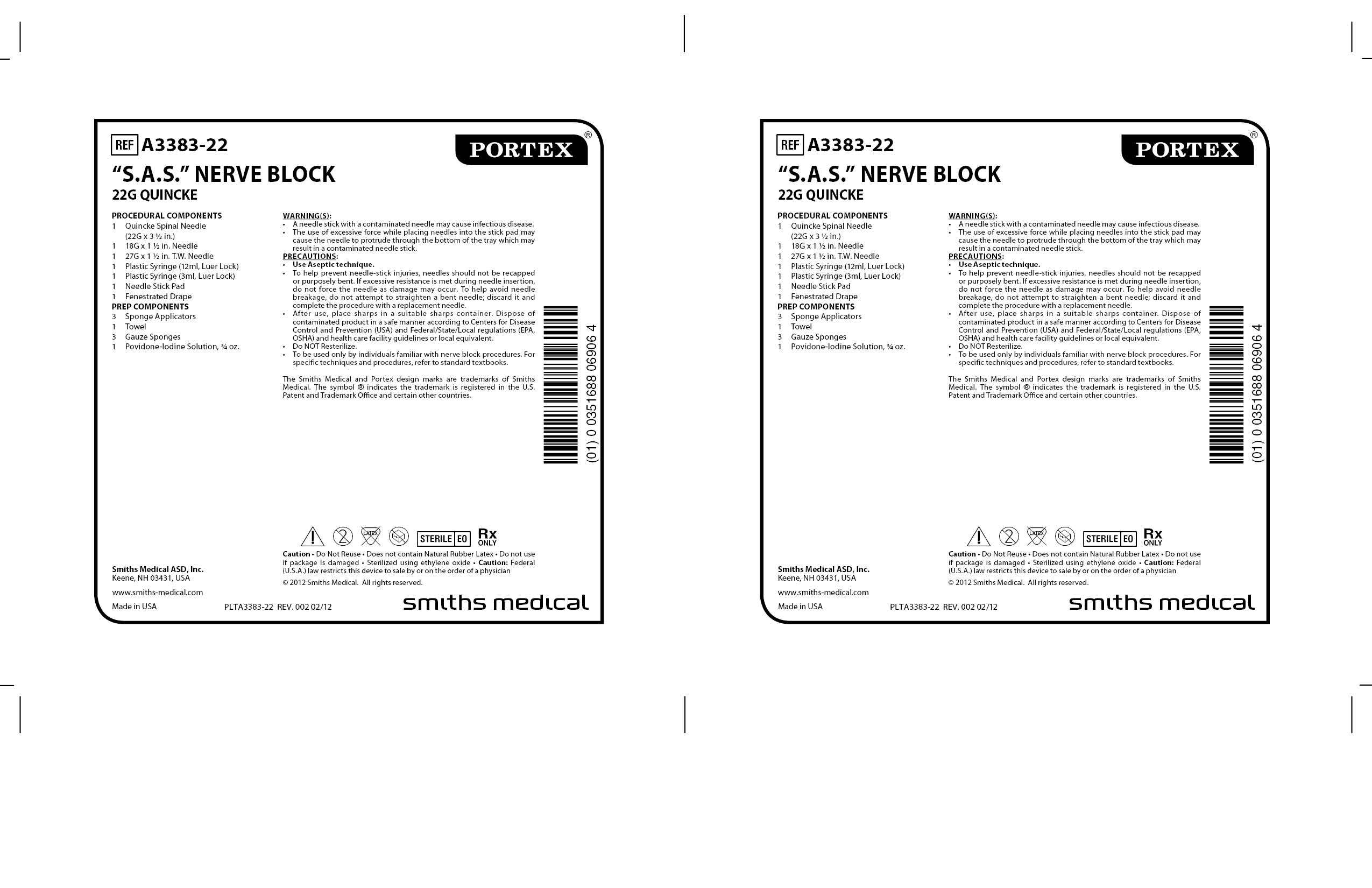 A3383-22 S.A.S. NERVE BLOCK 22G QUINCKE