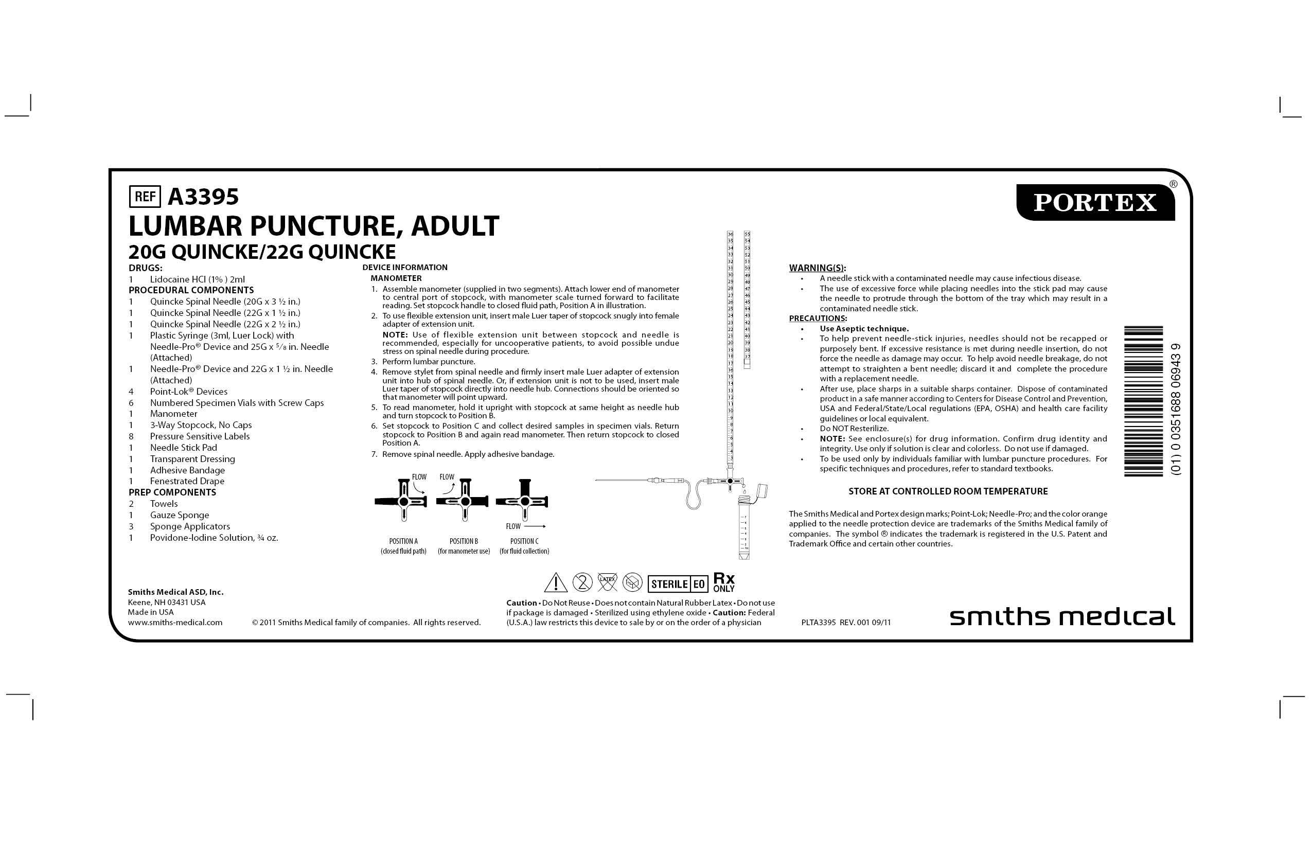 A3395 LUMBAR PUNCTURE, ADULT 20G QUINCKE/22G QUINCKE