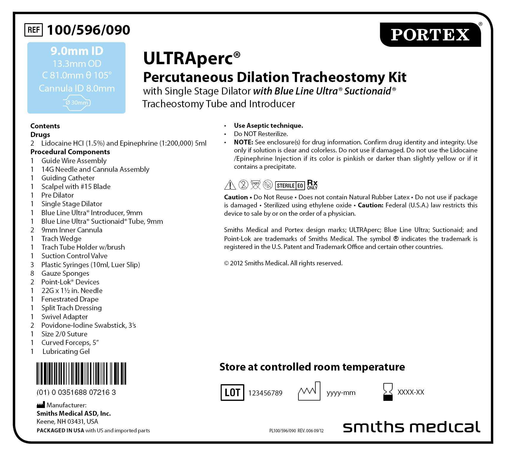 100/596/090 Percutaneous Dilation Tracheostomy Kit with Single Stage Dilator with Blue Line Ultra Suctionaid Tracheostomy Tube with Introducer