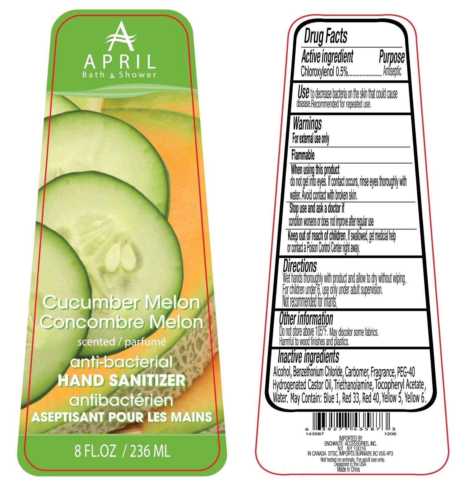 April Bath and Shower Cucumber Melon Scented Hand Sanitizer Anti-Bacterial