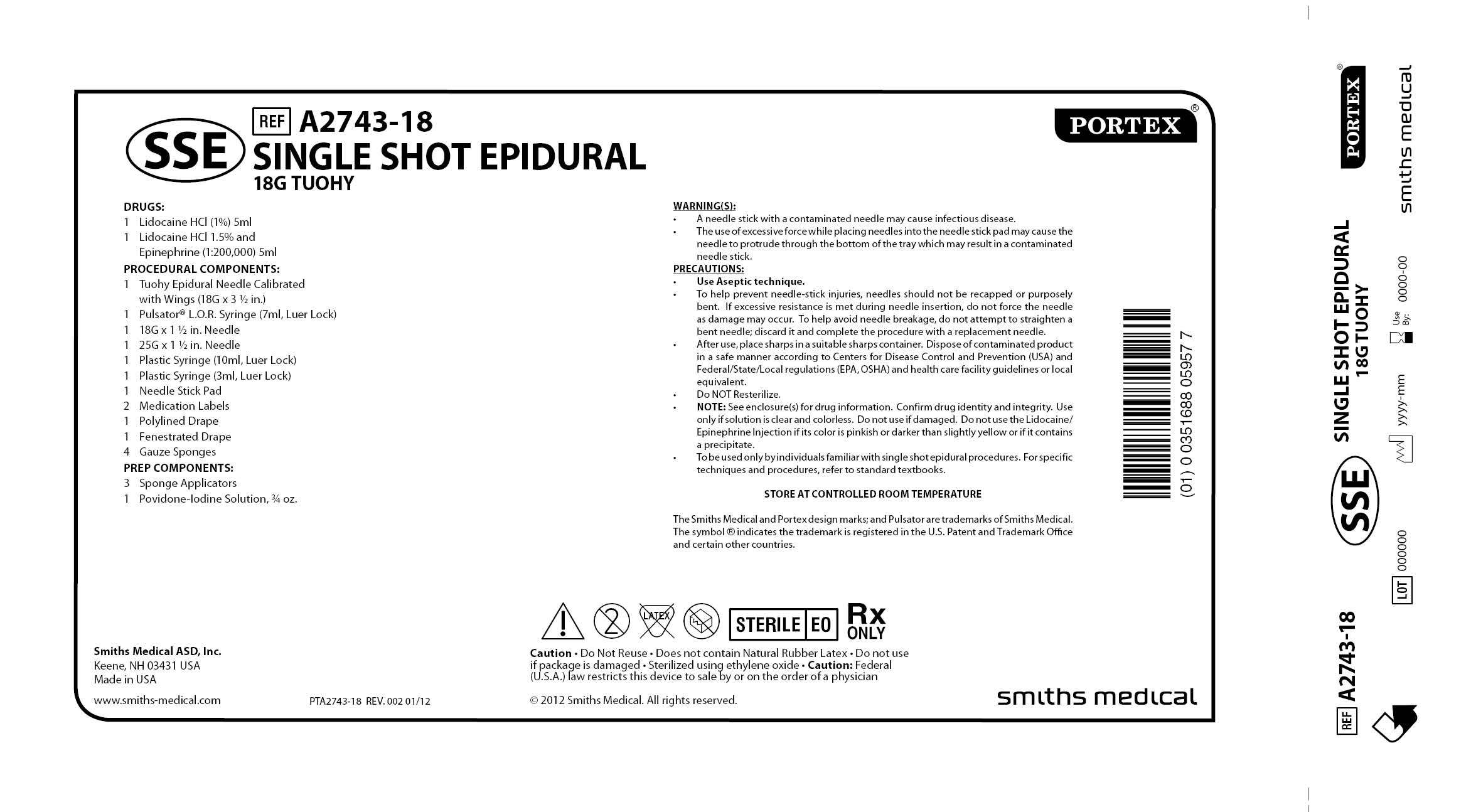 A2743-18 SINGLE SHOT EPIDURAL 18G TUOHY