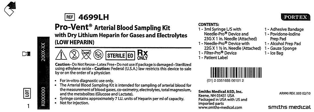 4699LH Pro-Vent Arterial Blood Sampling Kit with Dry Lithium Heparin for Gases and Electrolytes (LOW HEPARIN)