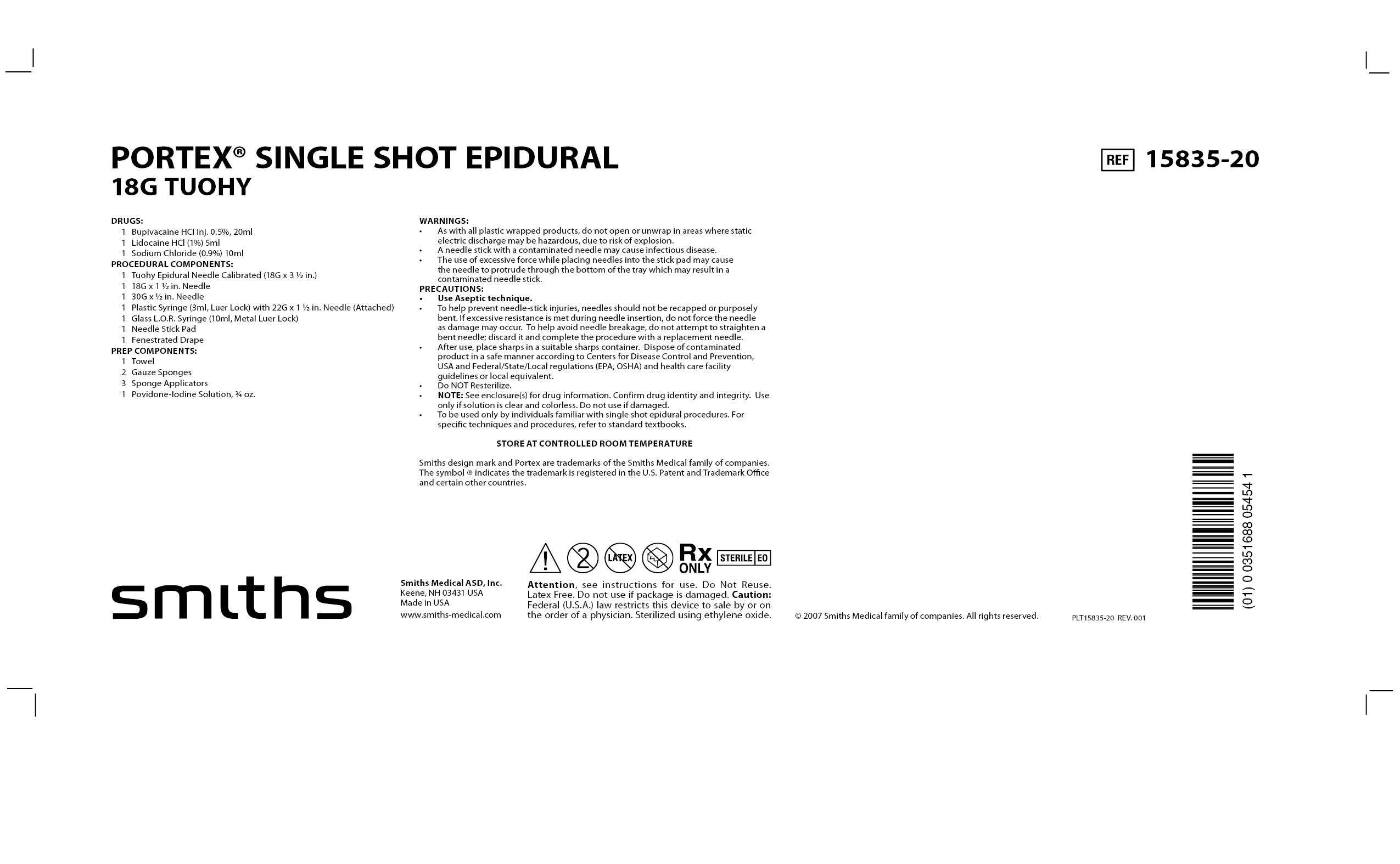 15835-20 PORTEX SINGLE SHOT EPIDURAL 18G TUOHY