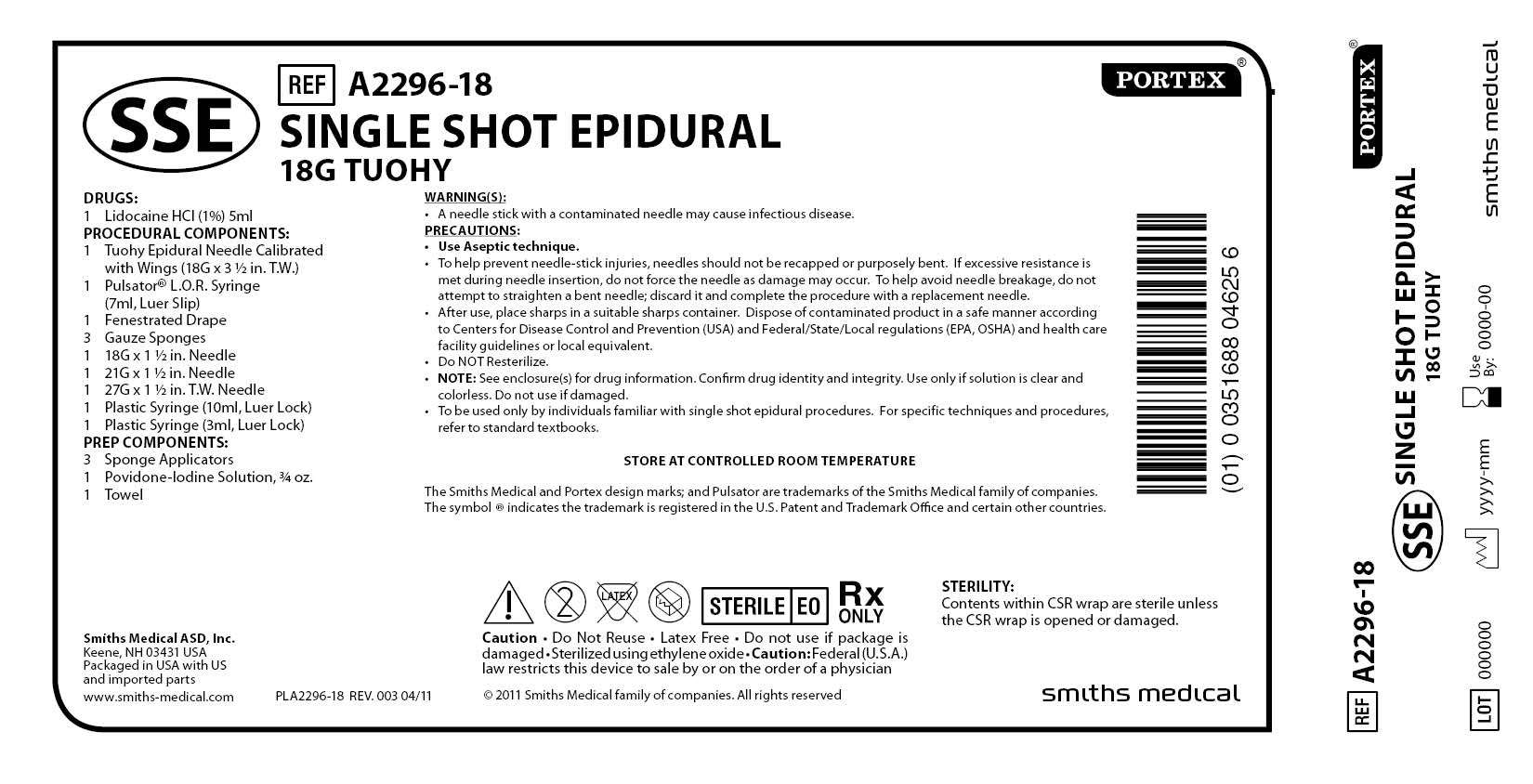 A2296-18 SINGLE SHOT EPIDURAL 18G TUOHY