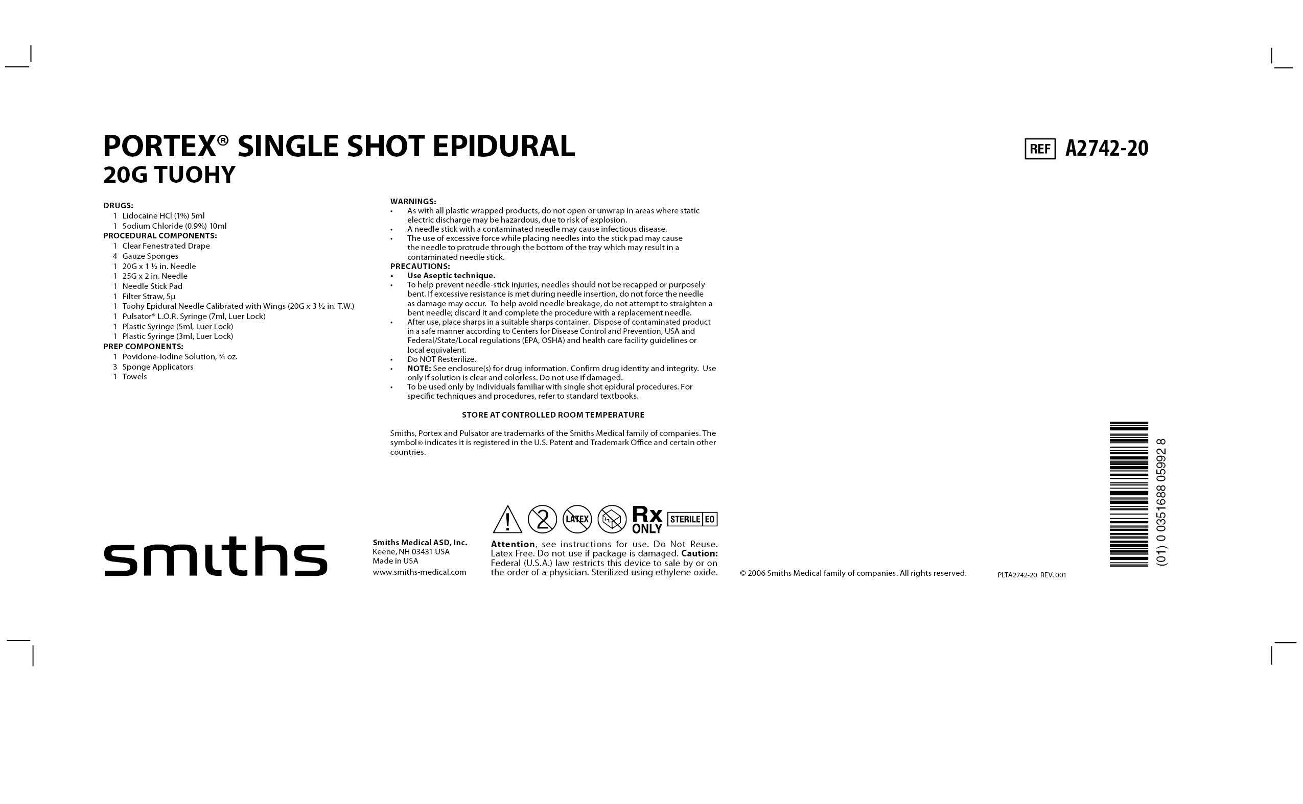 A2742-20 PORTEX SINGLE SHOT EPIDURAL 20G TUOHY