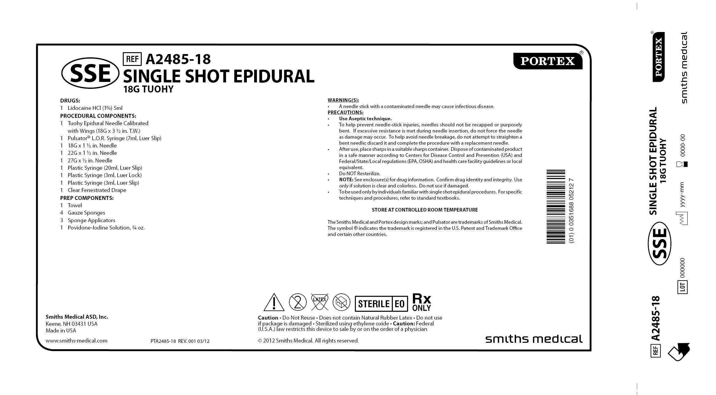 A2485-18 SINGLE SHOT EPIDURAL 18G TUOHY