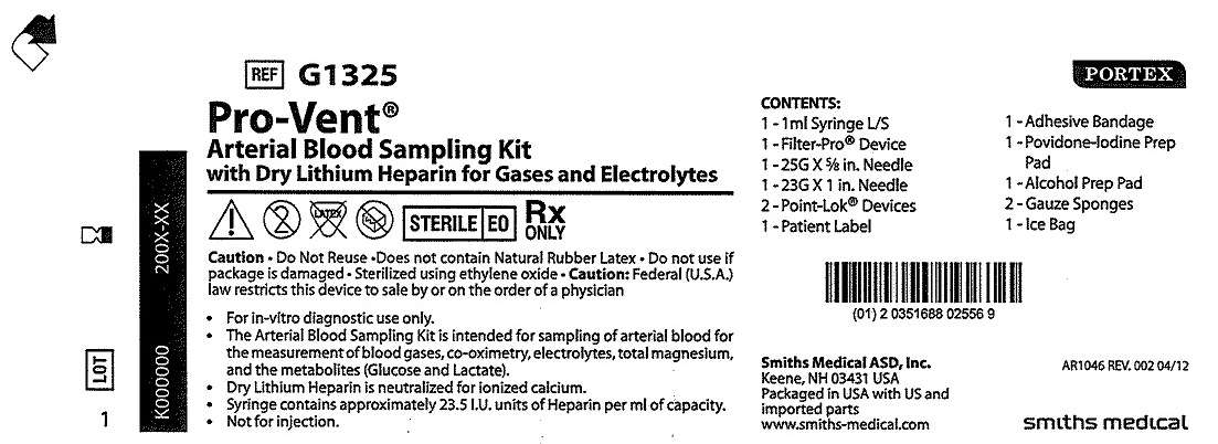 G1325 Pro-Vent Arterial Blood Sampling Kit with Dry Lithium Heparin for Gases and Electrolytes