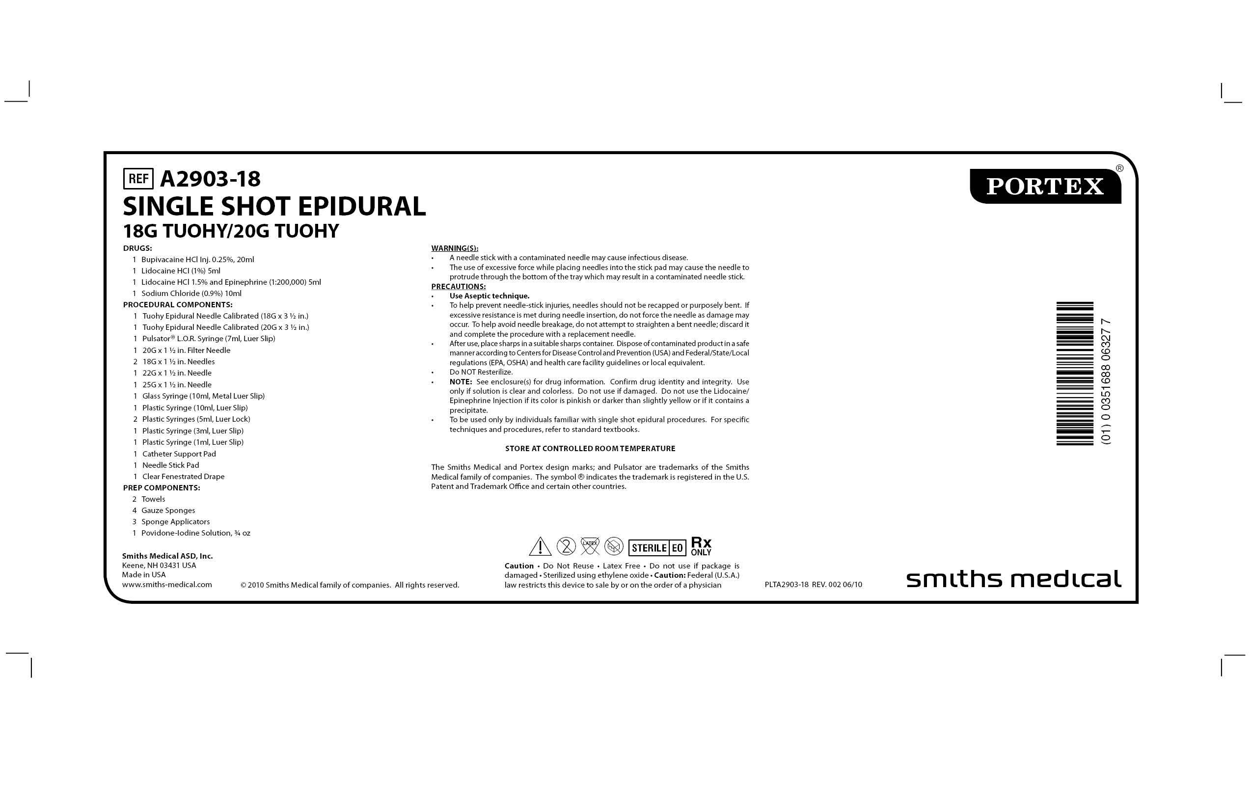 A2903-18 SINGLE SHOT EPIDURAL 18G TUOHY/20G TUOHY