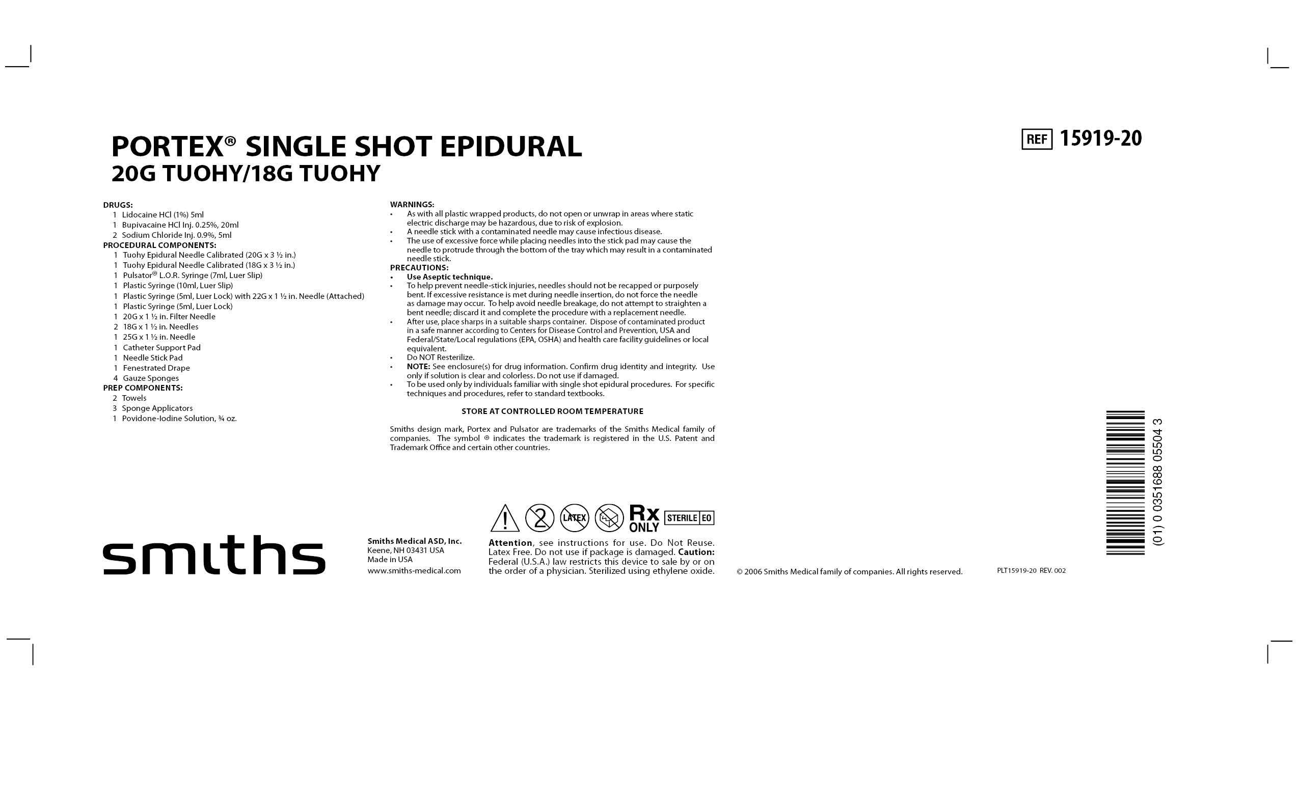 15919-20 PORTEX SINGLE SHOT EPIDURAL 20G TUOHY