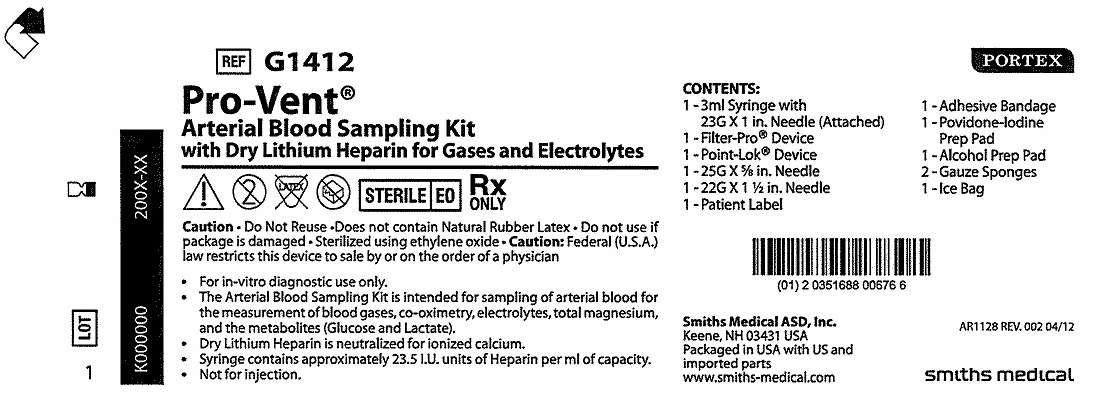 G1412 Pro-Vent Arterial Blood Sampling Kit with Dry Lithium Heparin for Gases and Electrolytes