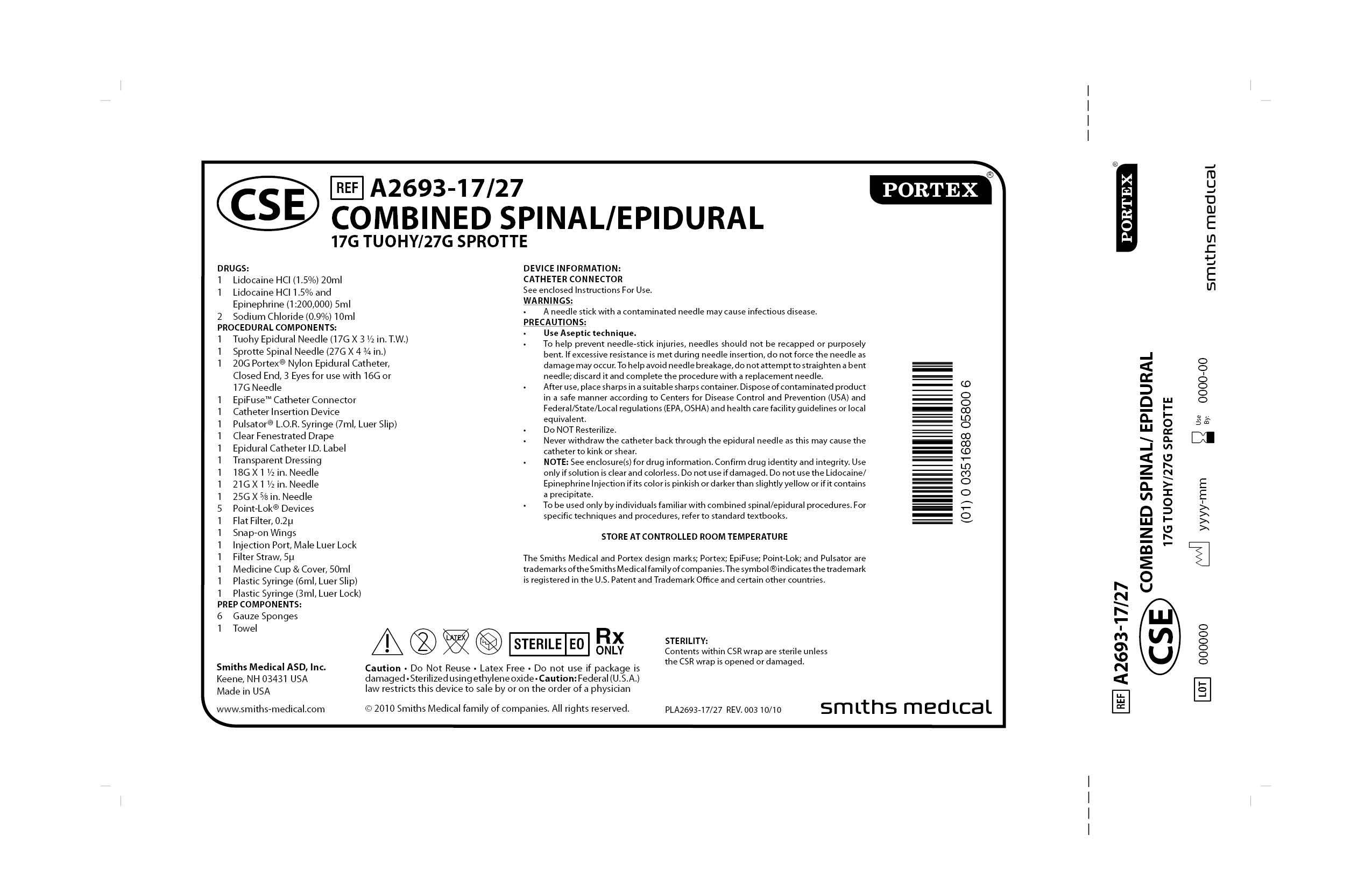 A2693-17/27 COMBINED SPINAL/EPIDURAL 17G TUOHY/27G SPROTTE