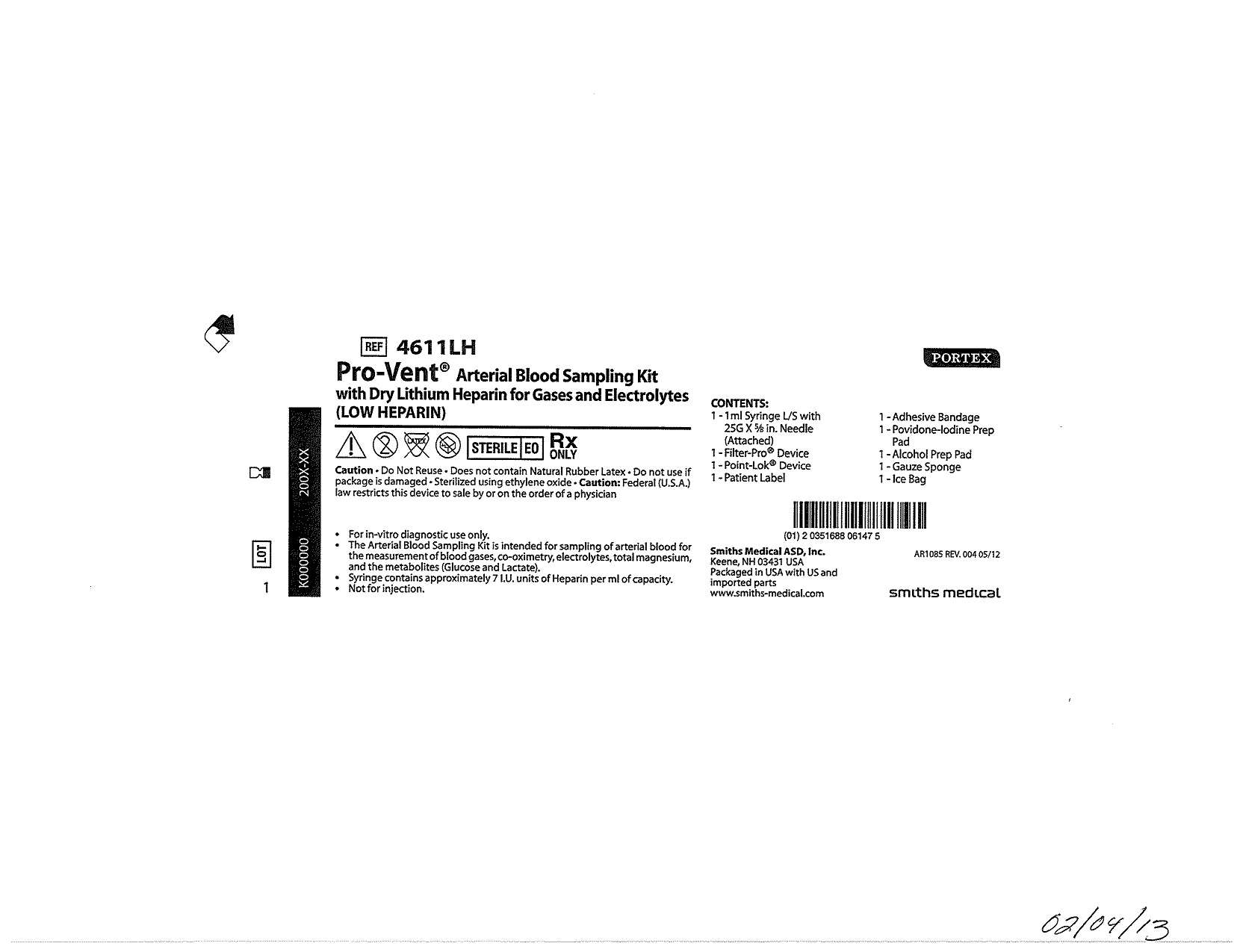 4611LH Pro-Vent Arterial Blood Sampling Kit with Dry Lithium Heparin for Gases and Electrolytes (LOW HEPARIN)