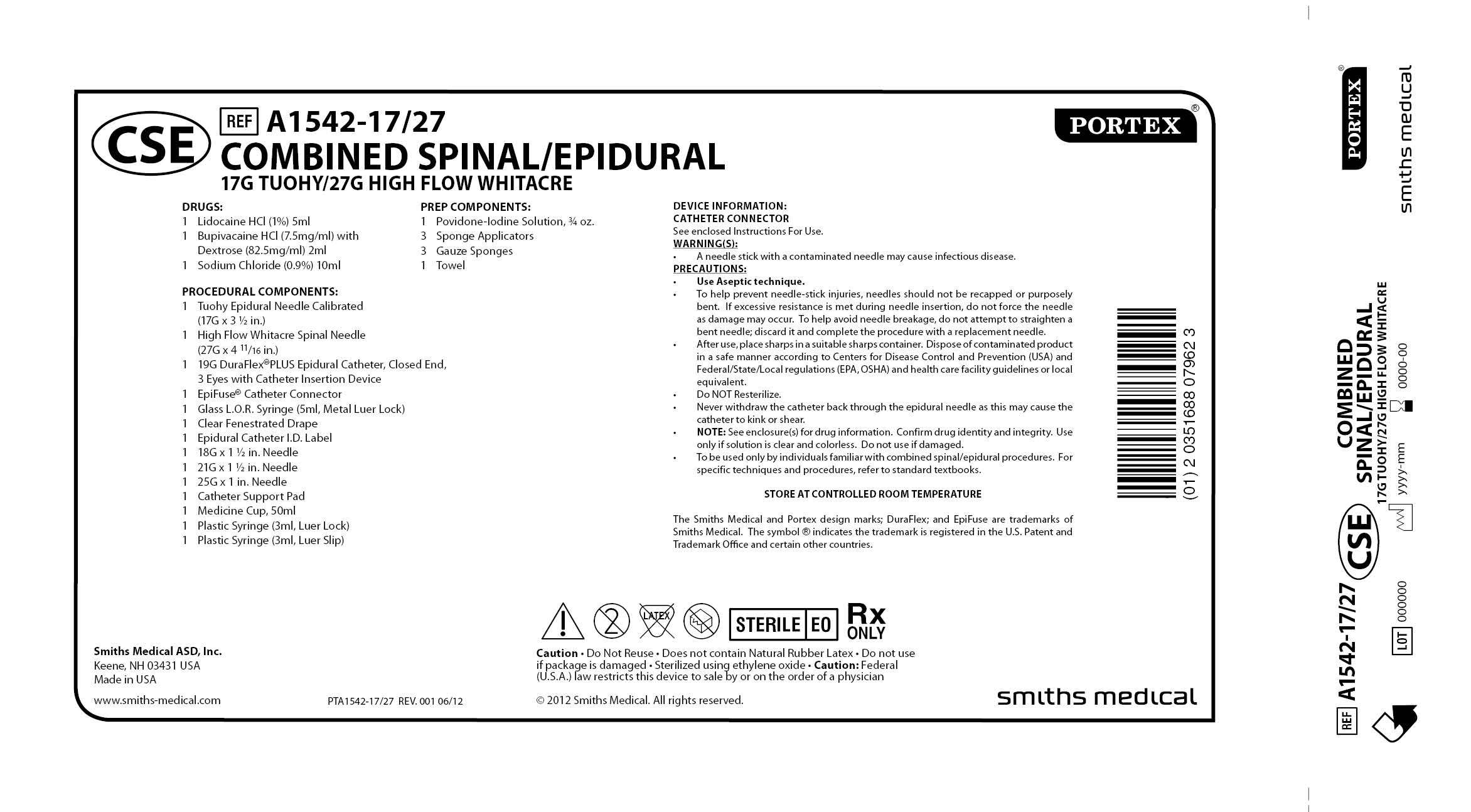 A1542-17/27 COMBINED SPINAL/EPIDURAL 17G TUOHY/27G HIGH FLOW WHITACRE