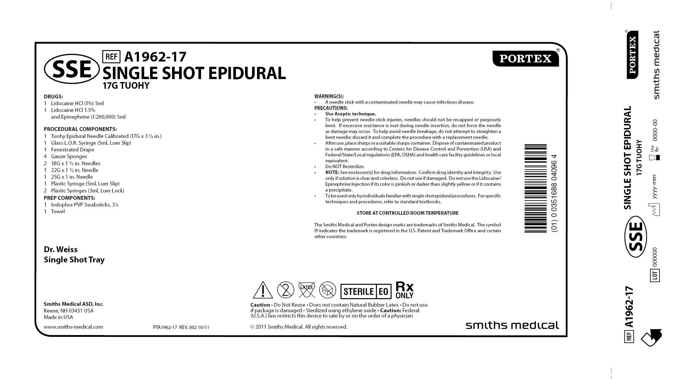 A1962-17 SINGLE SHOT EPIDURAL 17G TUOHY