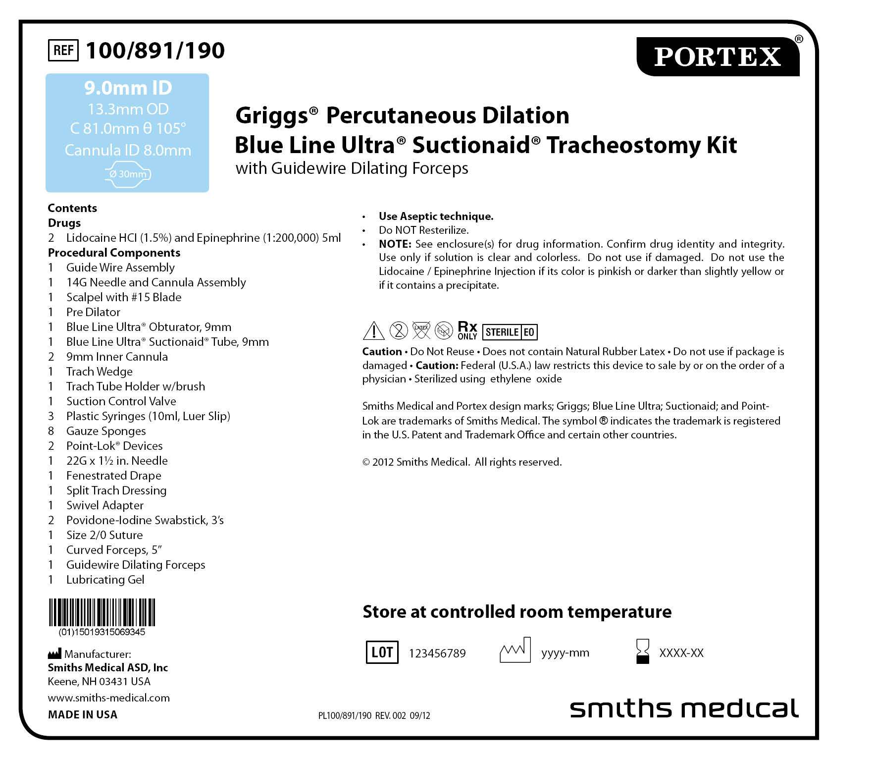 100/891/190 Griggs Percutaneous Dilation Blue Line Ultra Suctionaid Tracheostomy Kit with Guidewire Dilating Forceps