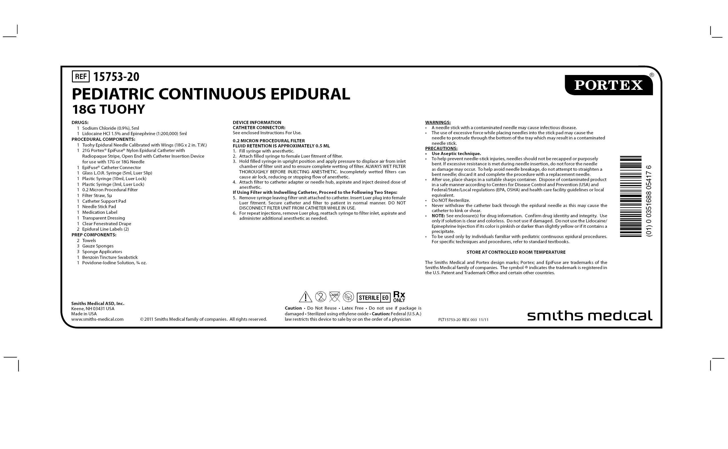 15753-20 PEDIATRIC CONTINUOUS EPIDURAL 18G TUOHY