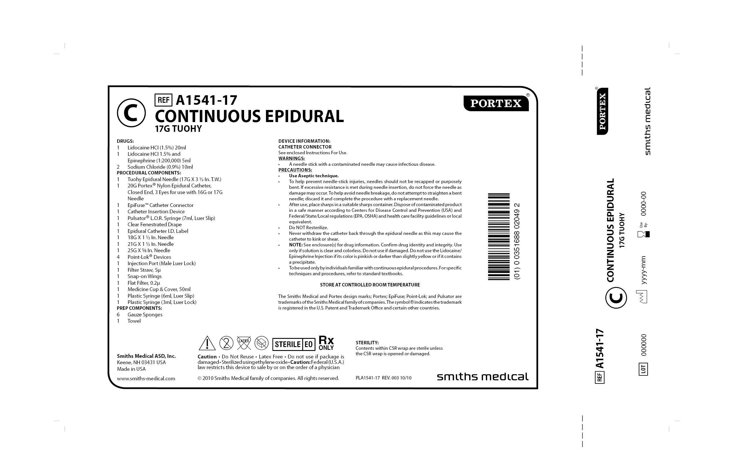 A1541-17 CONTINUOUS EPIDURAL 17G TUOHY