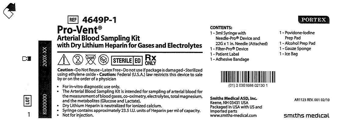 4649P-1 Pro-Vent Arterial Blood Sampling Kit with Dry Lithium Heparin for Gases and Electrolytes